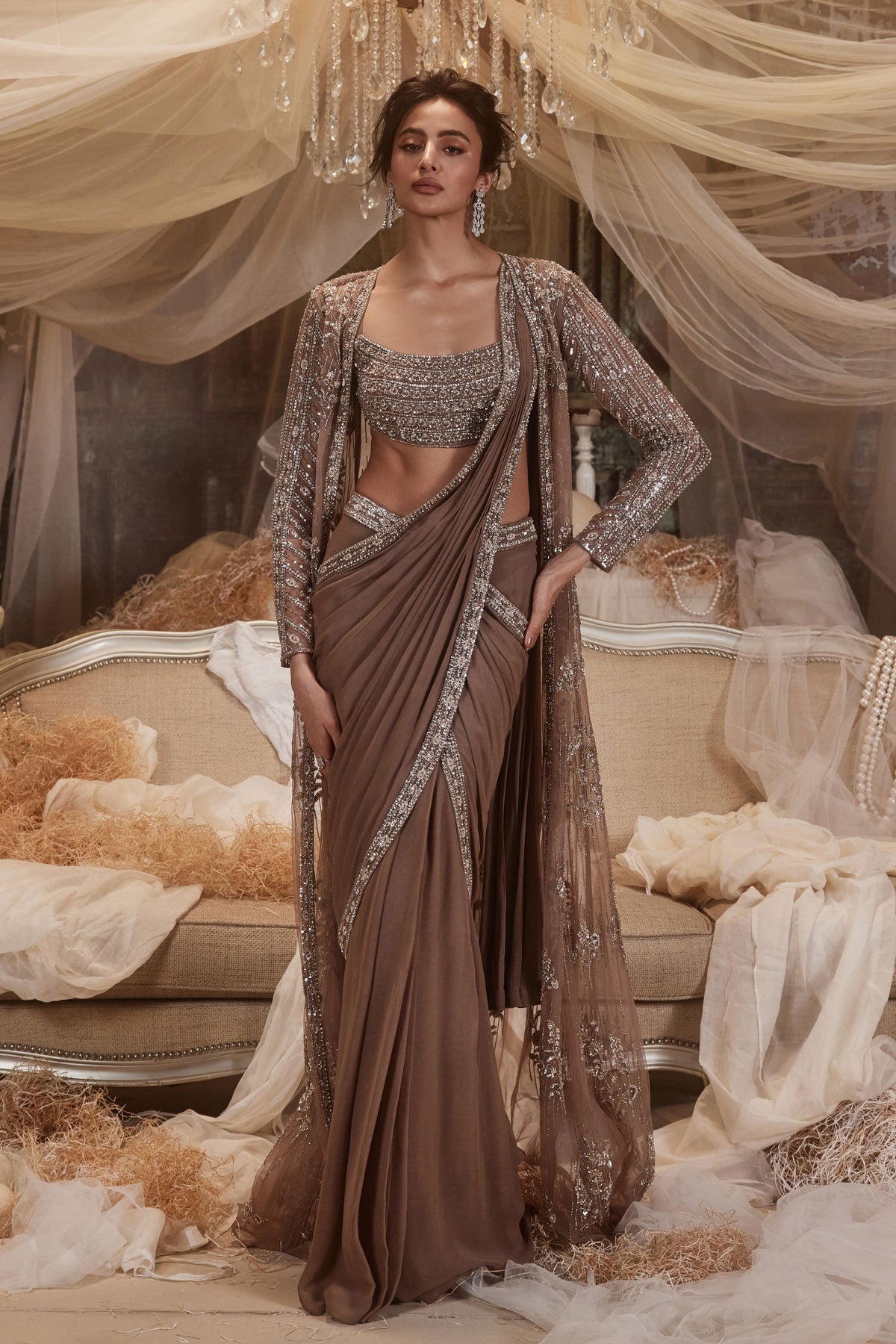 Antares Ash Brown Draped Saree