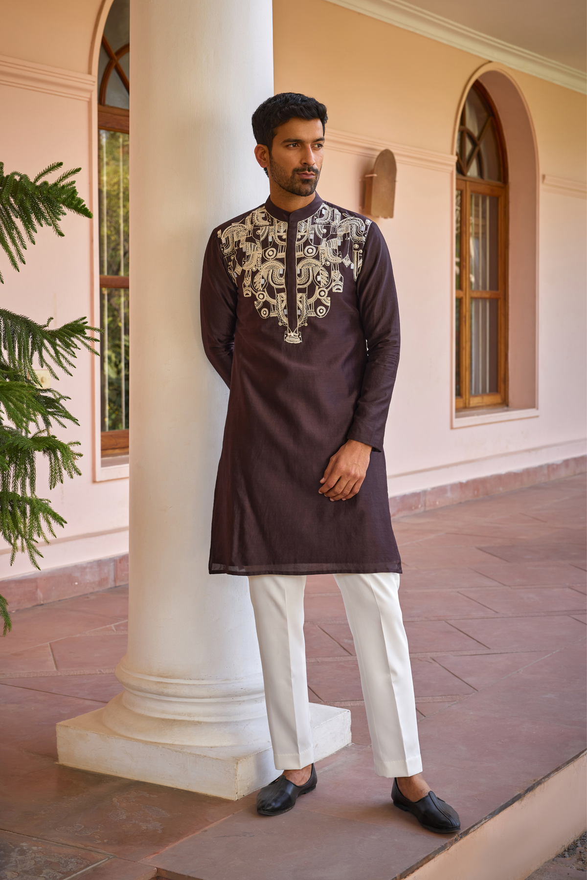 Brown dori and hand embroidered silk kurta