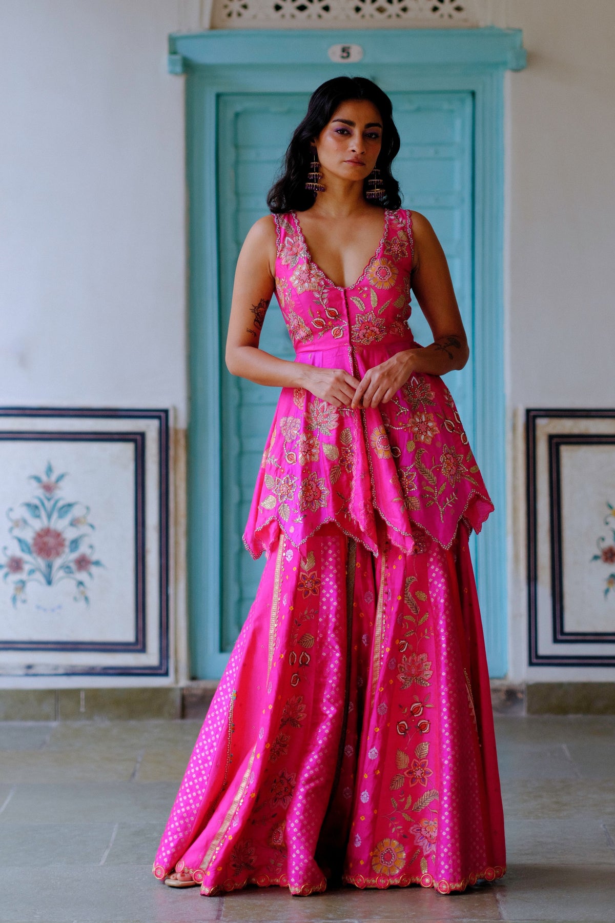 Fuchsia Floral Silk Sharara Set