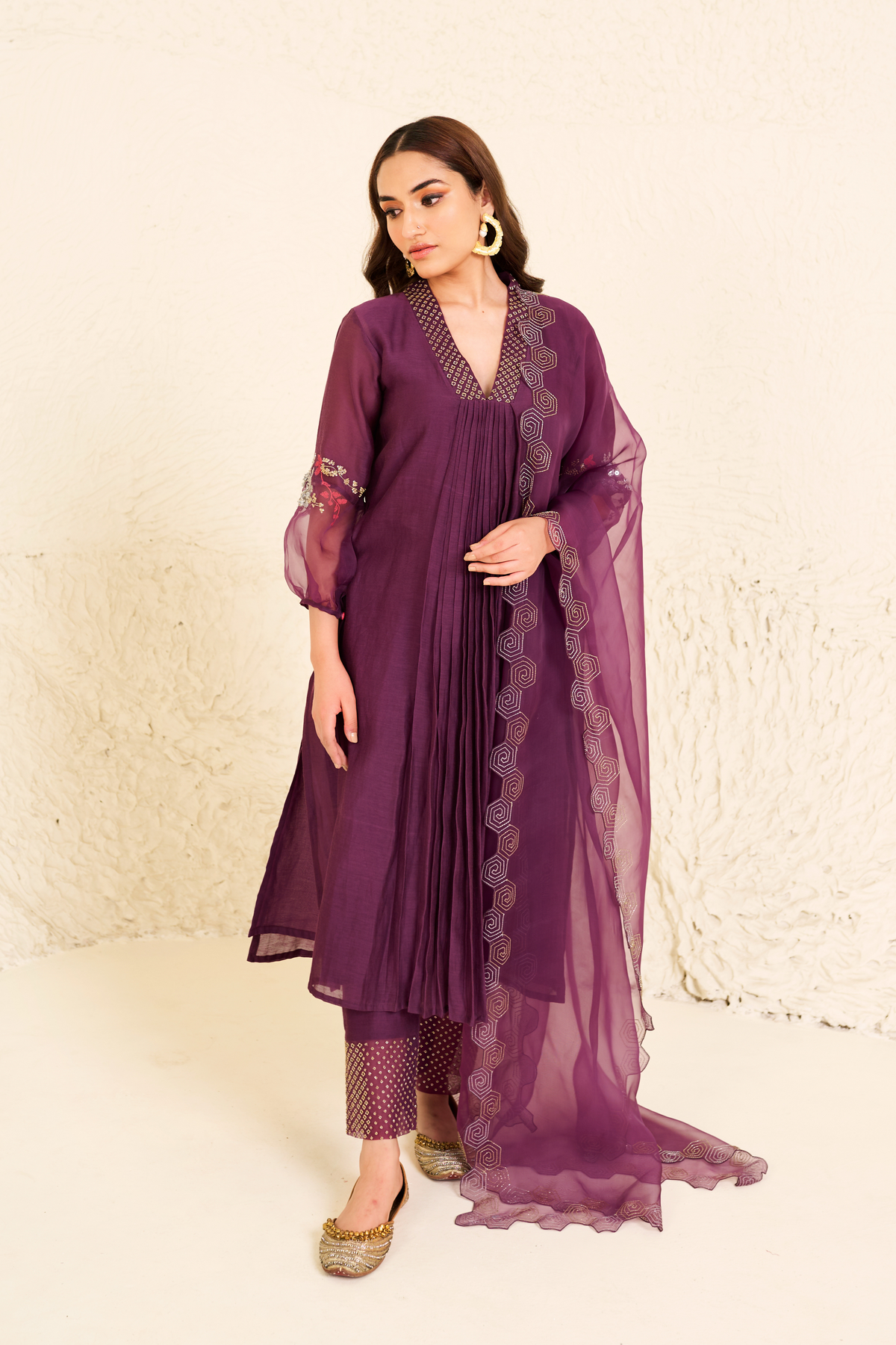 Purple Mauve V- Neck Kurta Set