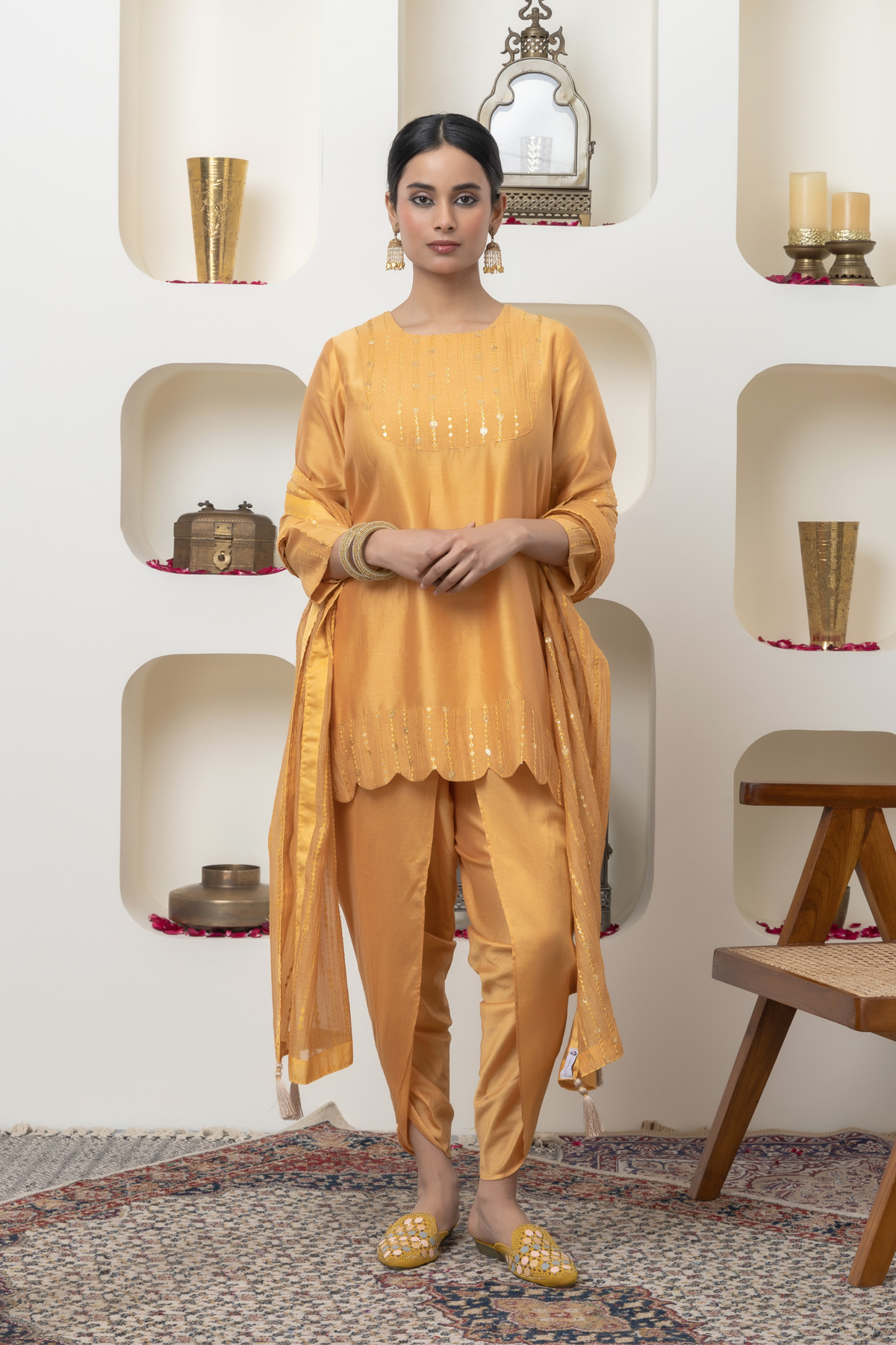 Mustard Chanderi Tunic Set