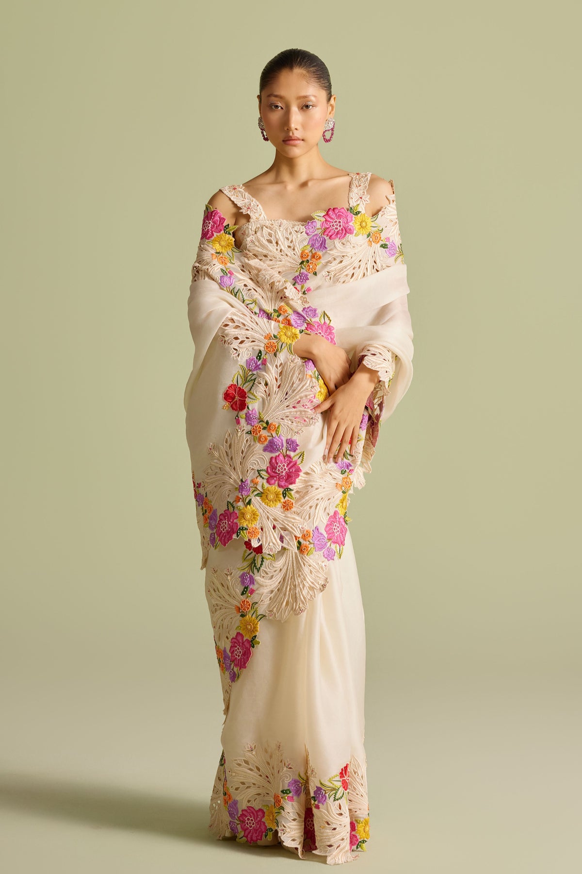 Ivory Floral Embroidered Saree