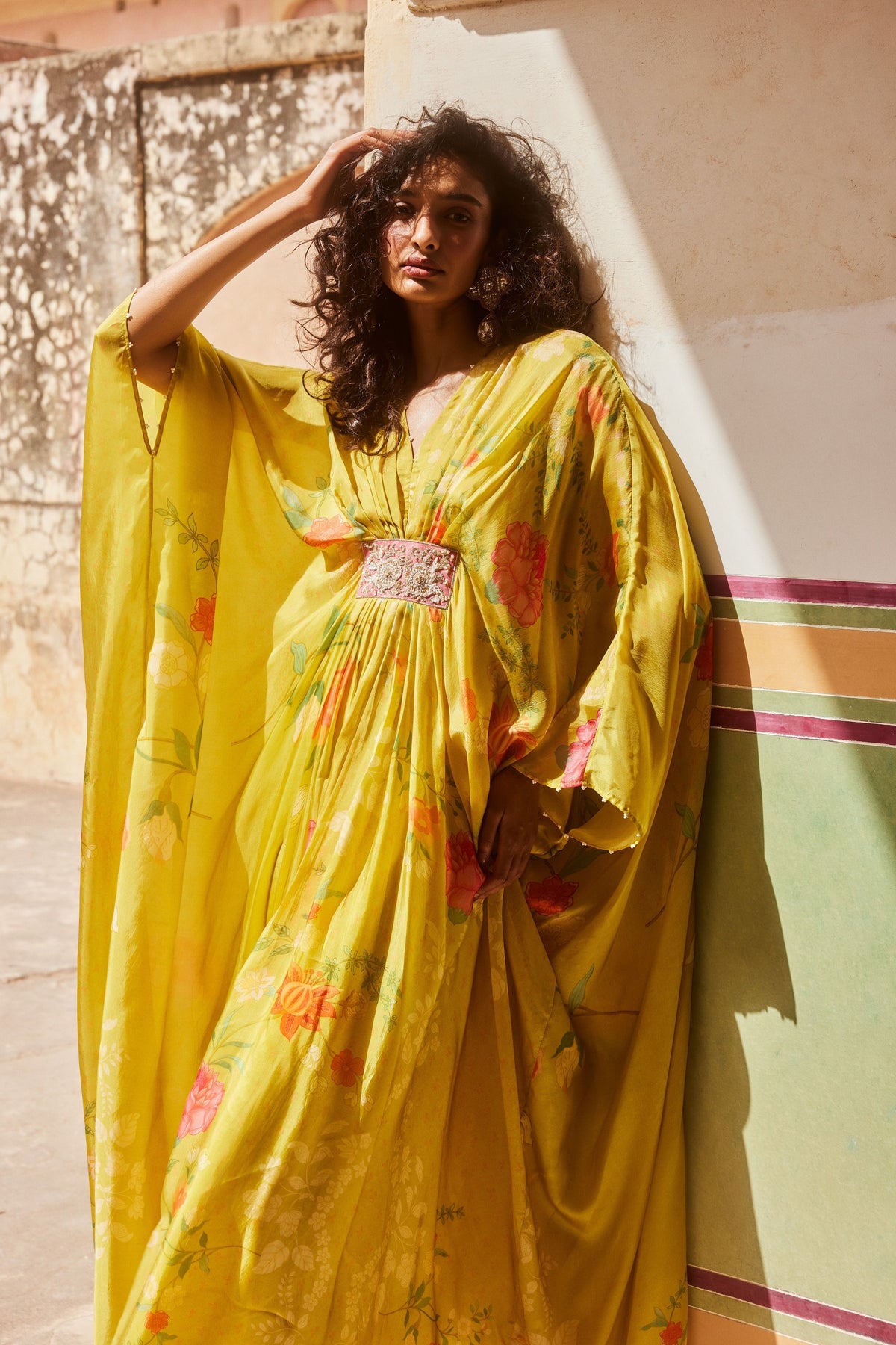 Printed Lime Yellow Kaftan Set