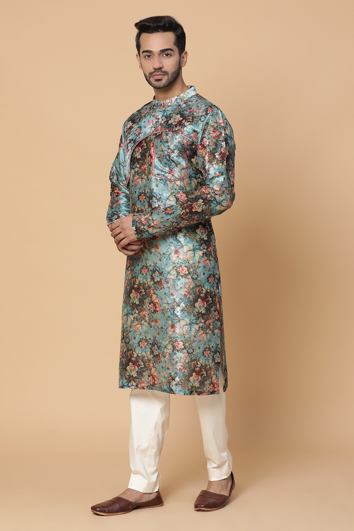 Blue floral silk kurta