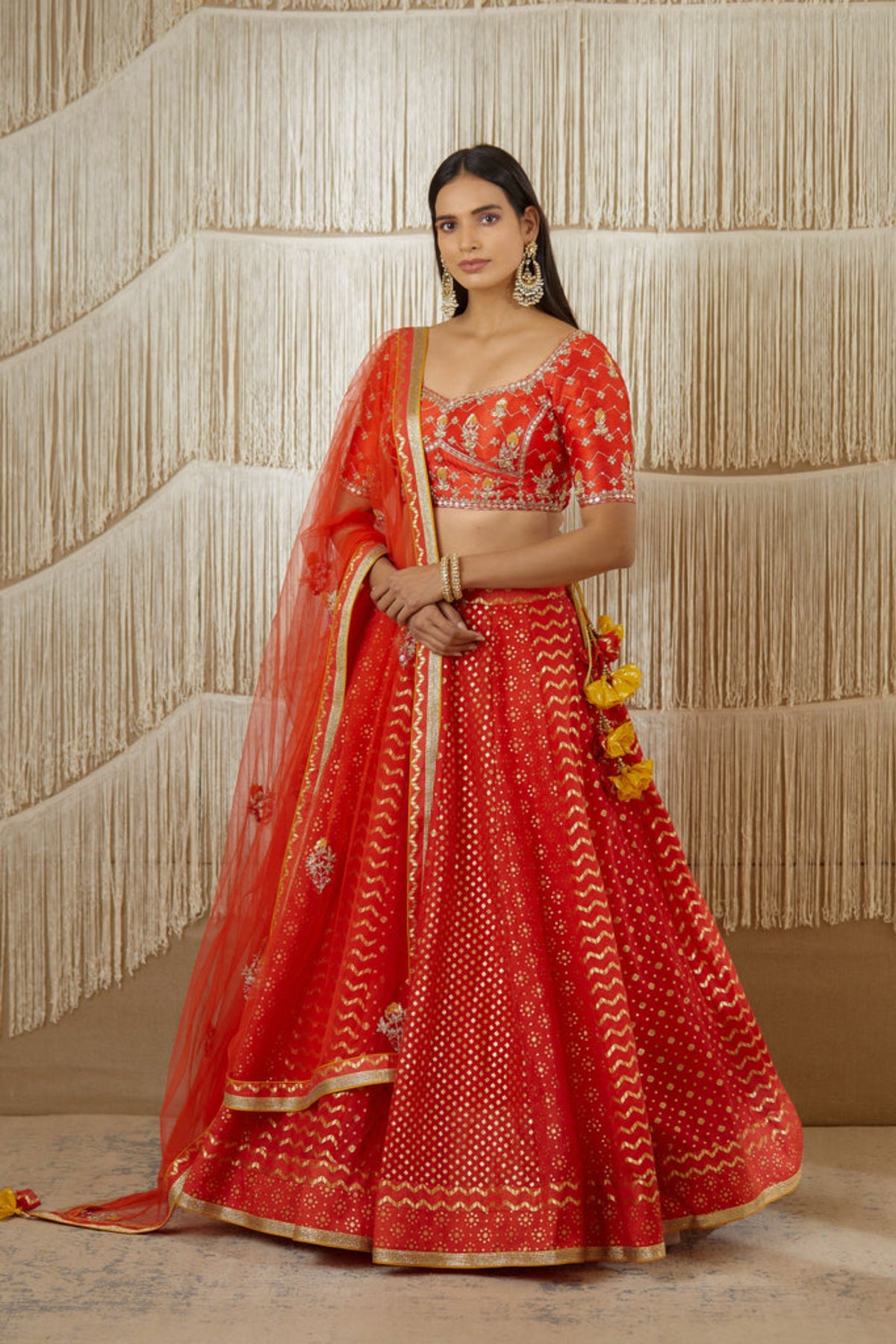 Red zardozi silk lehenga set