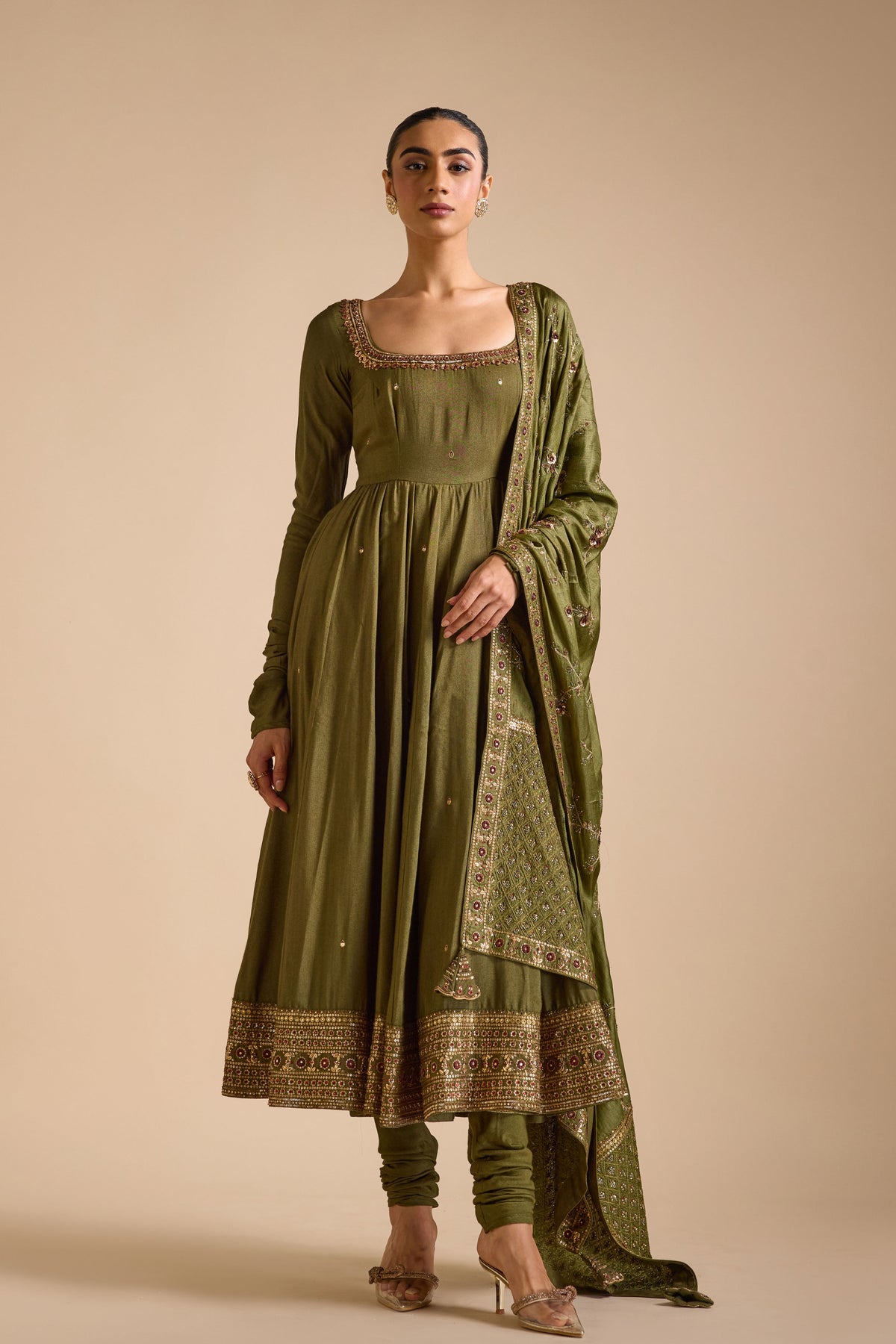 Olive Tussar Anarkali Set