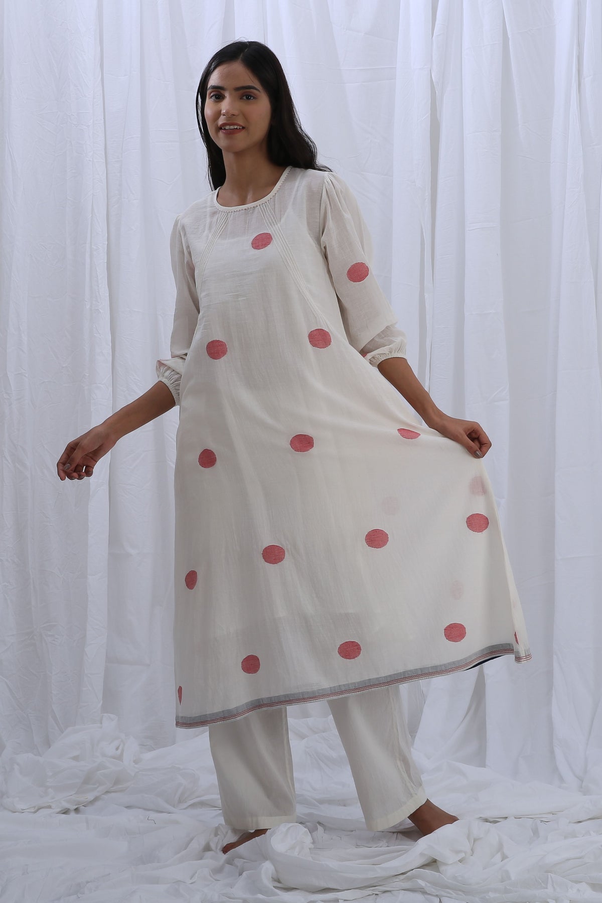 Bright White Round Neck Piping Kurta Set