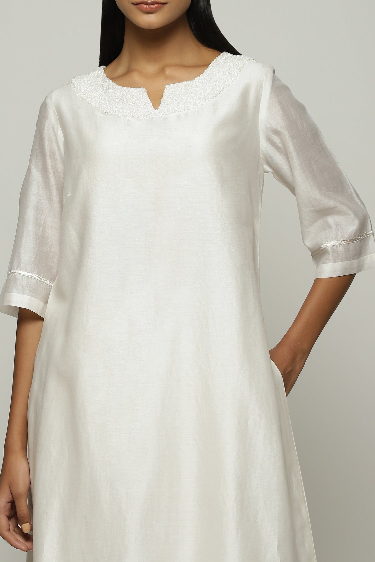 French Knot Neck Ivory Kurta