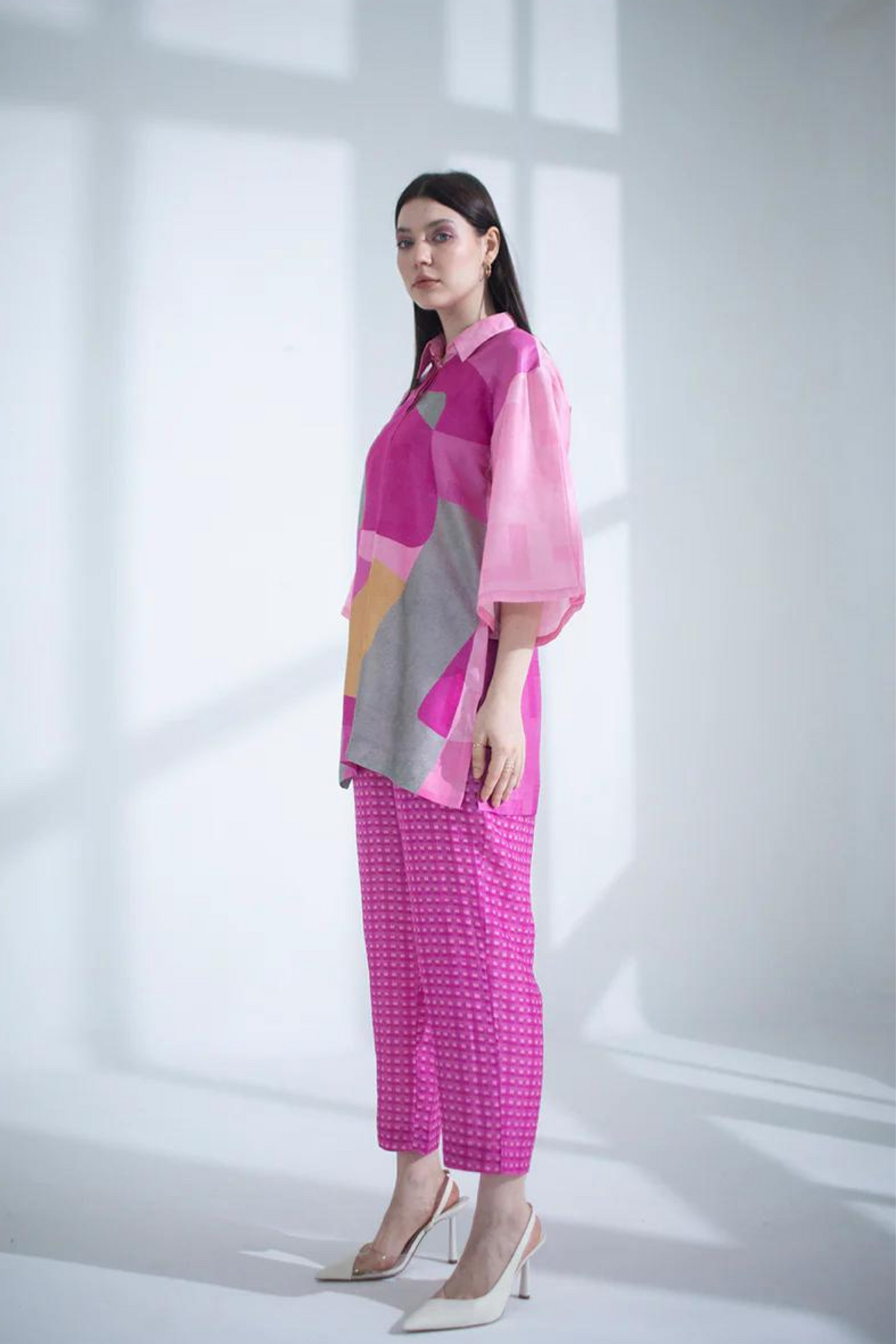 Fuchsia Abstract Geometric  Tunics Set