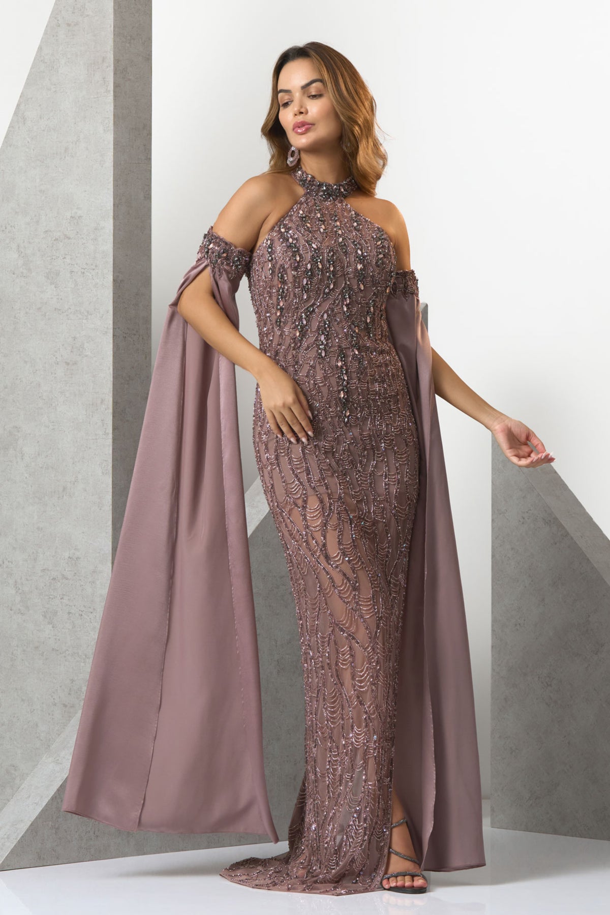 Shiraz Halter Neck Embroided Evening Gown