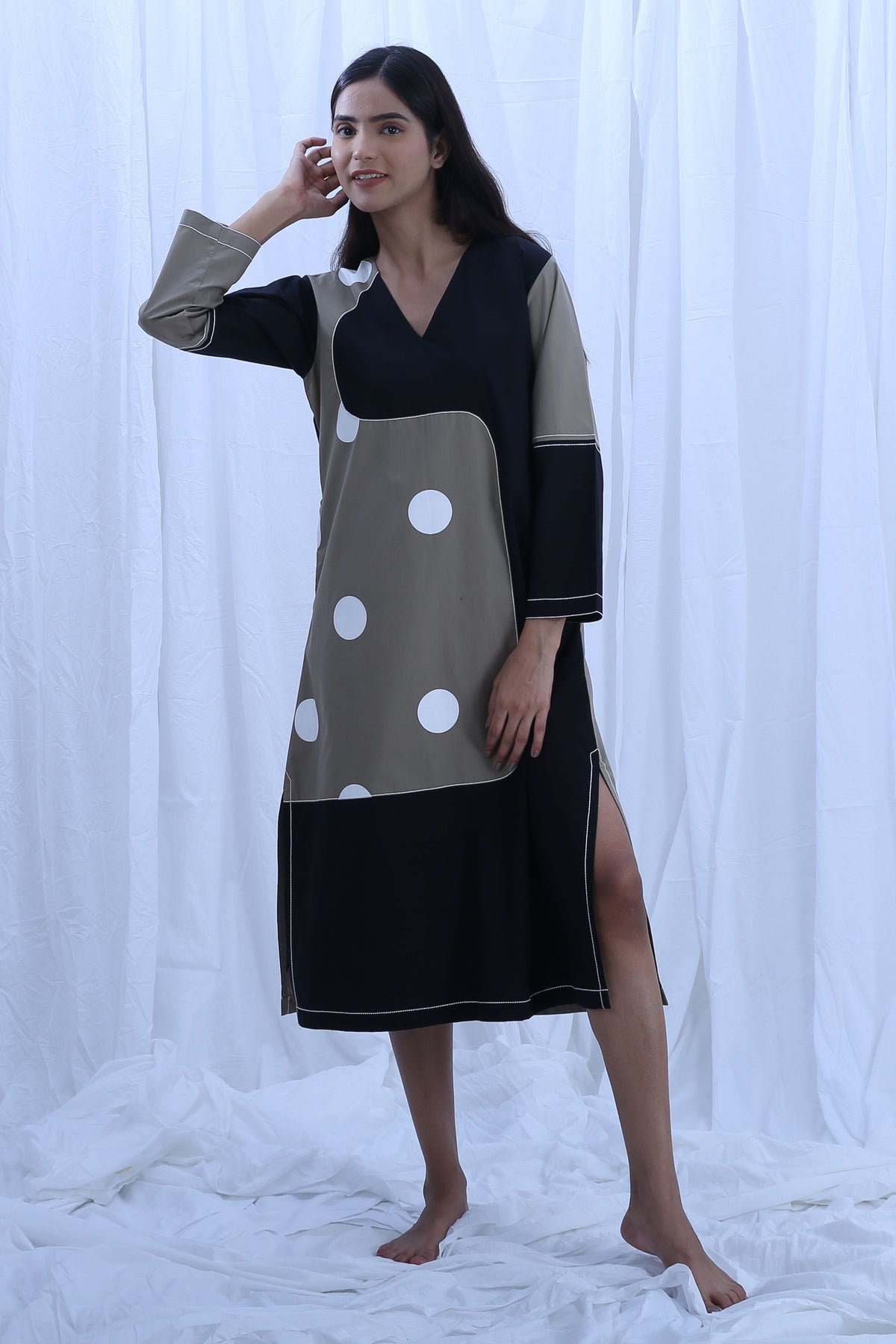 Earthy Grayish V-neck Polka Dress