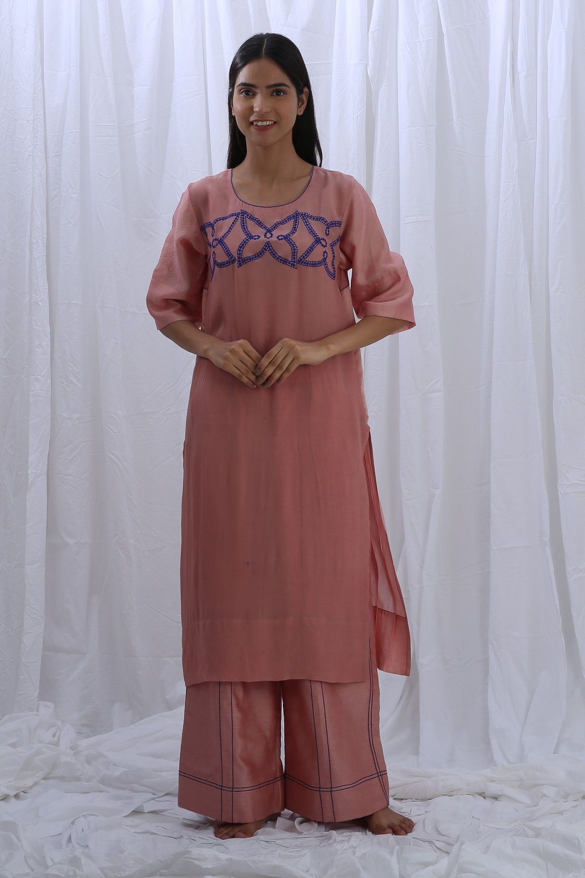 Peachy Pink Embroidery Pleated Kurta Set