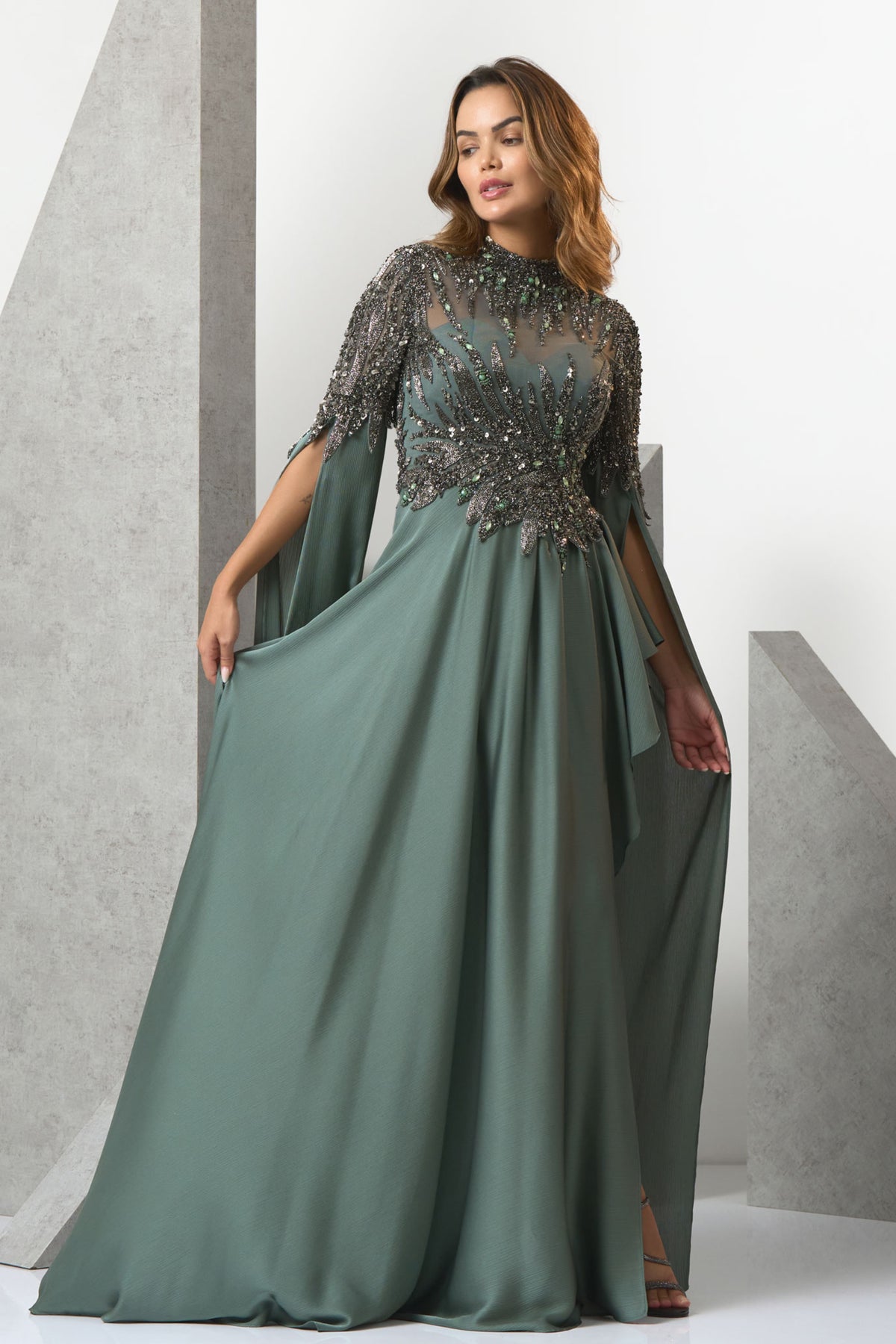 Daniella High Neck Flowy Sleeve Evening Gown