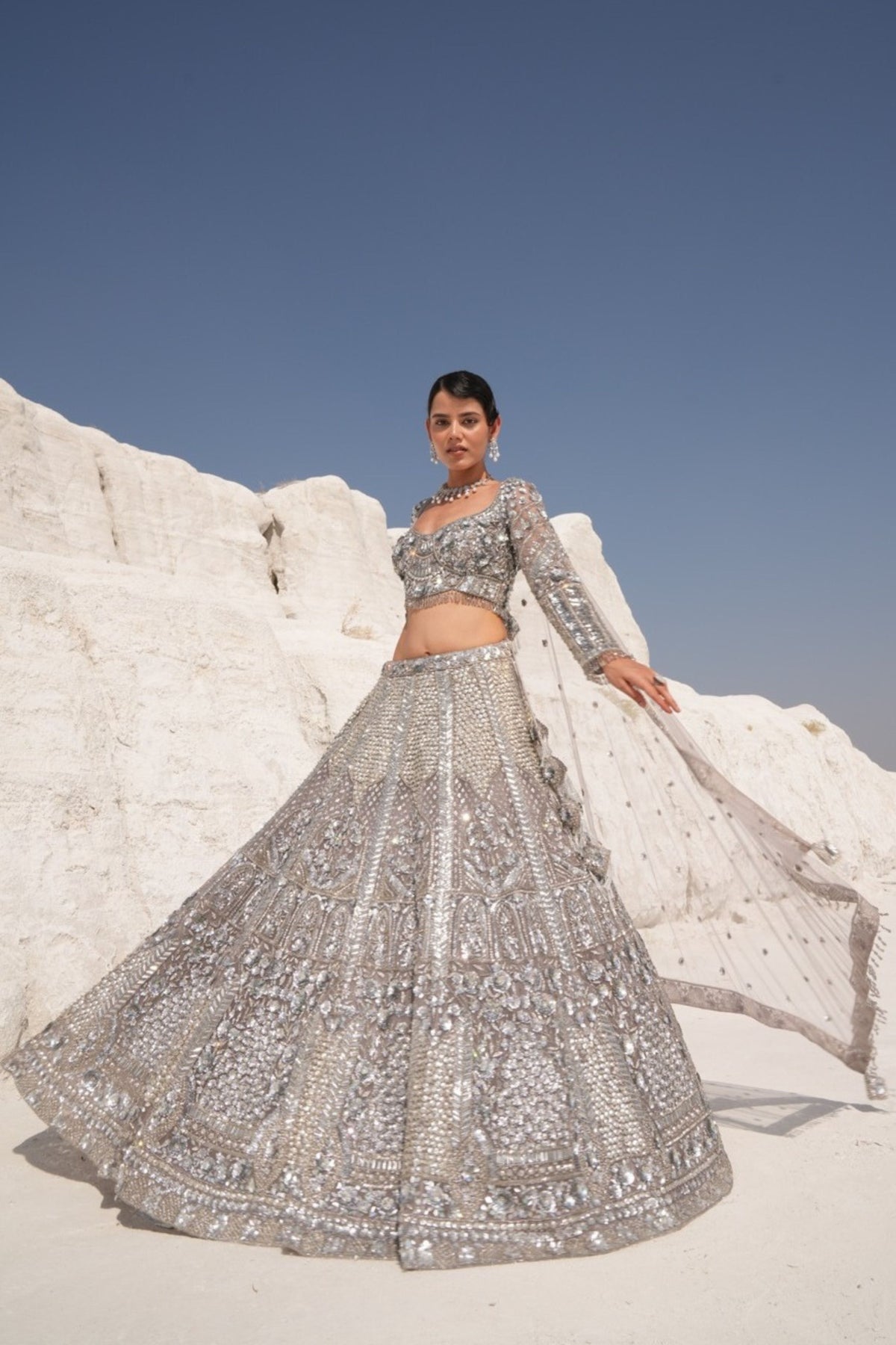 Steel Grey Embroidered Lehenga Set