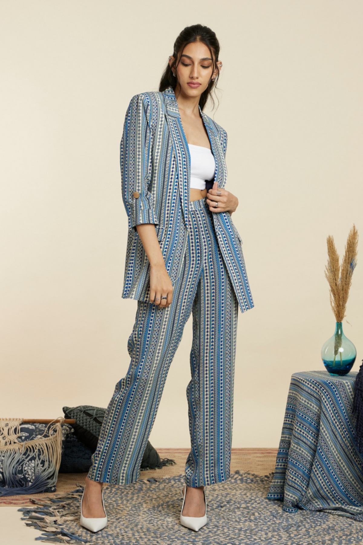 Blue Geo Print Stripe Blazer Set