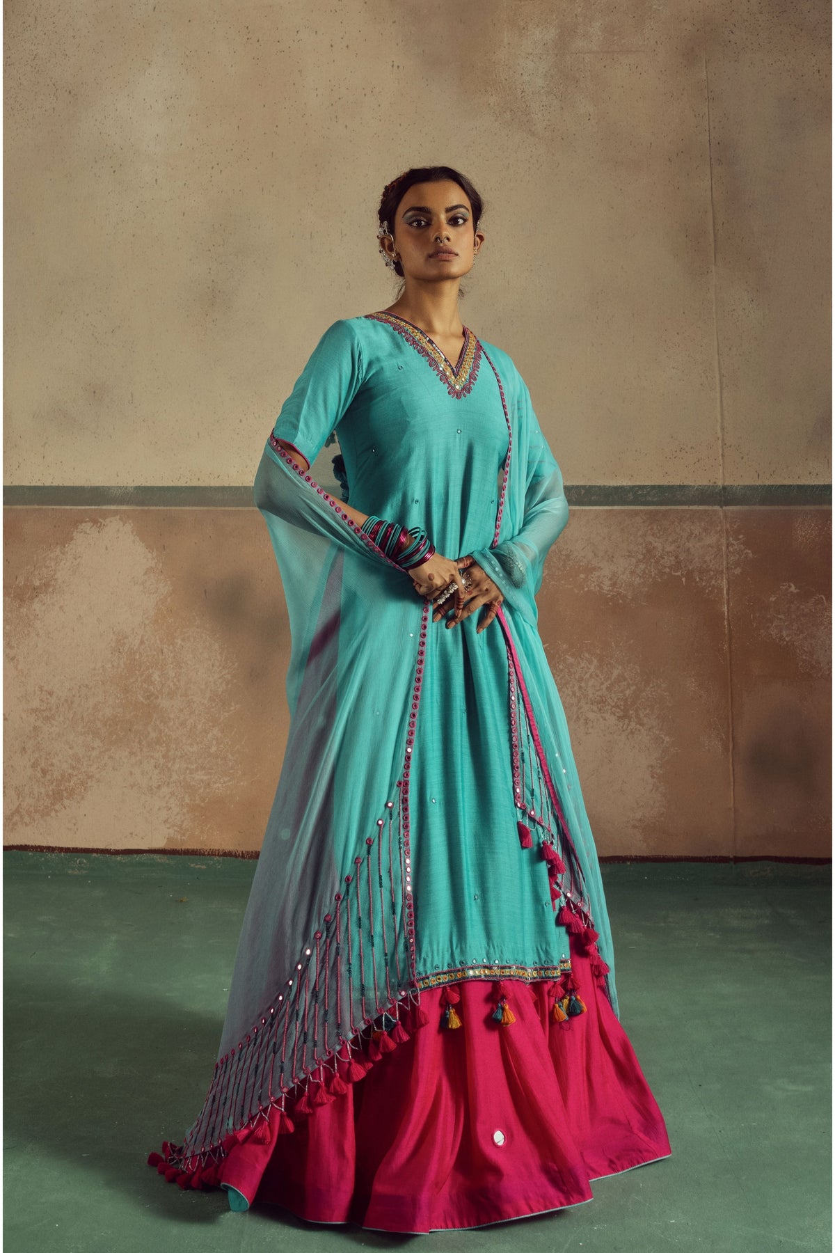 Backless Aqua Kurta Skirt Set