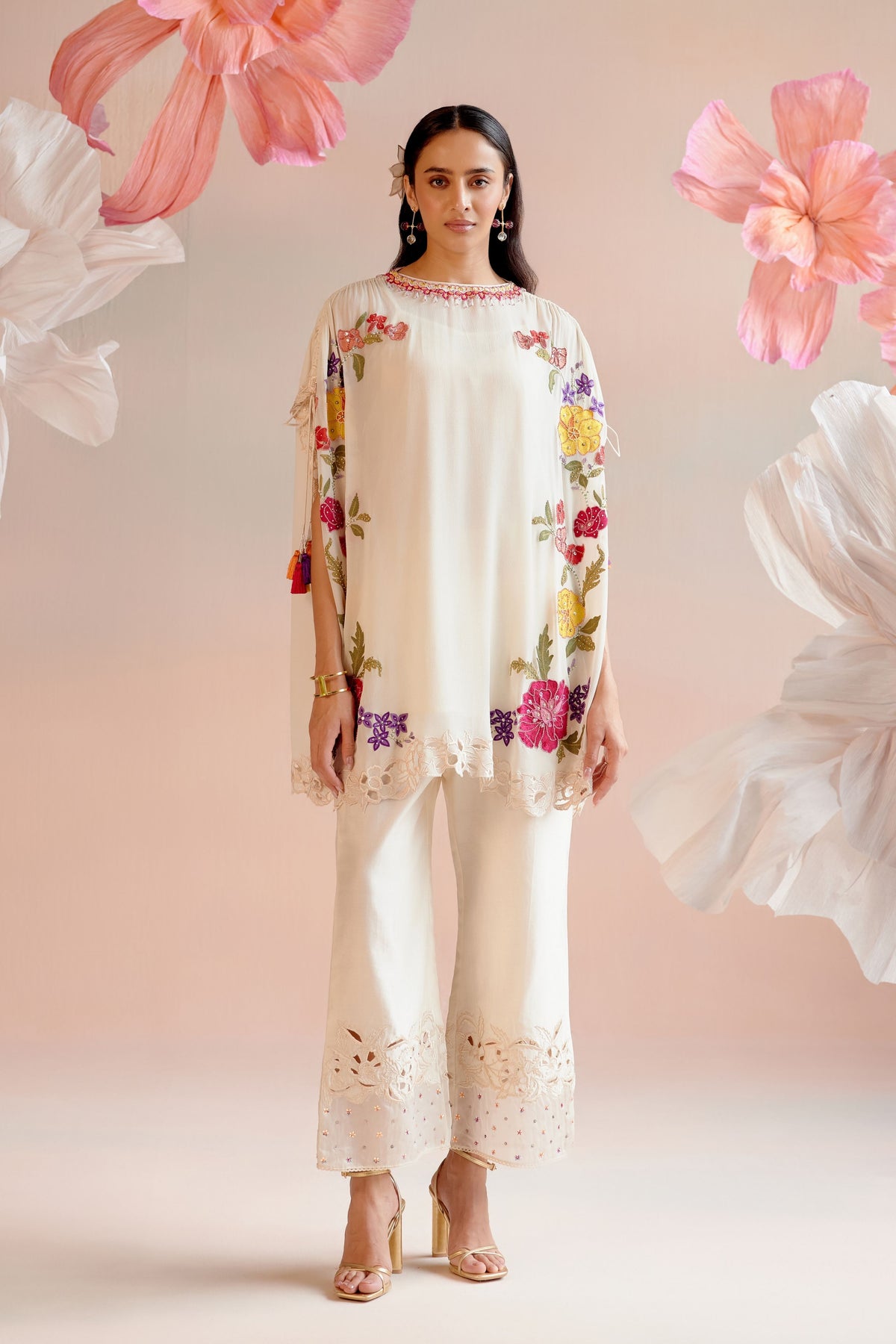 Ivory Floral Embroidered Kaftan Set