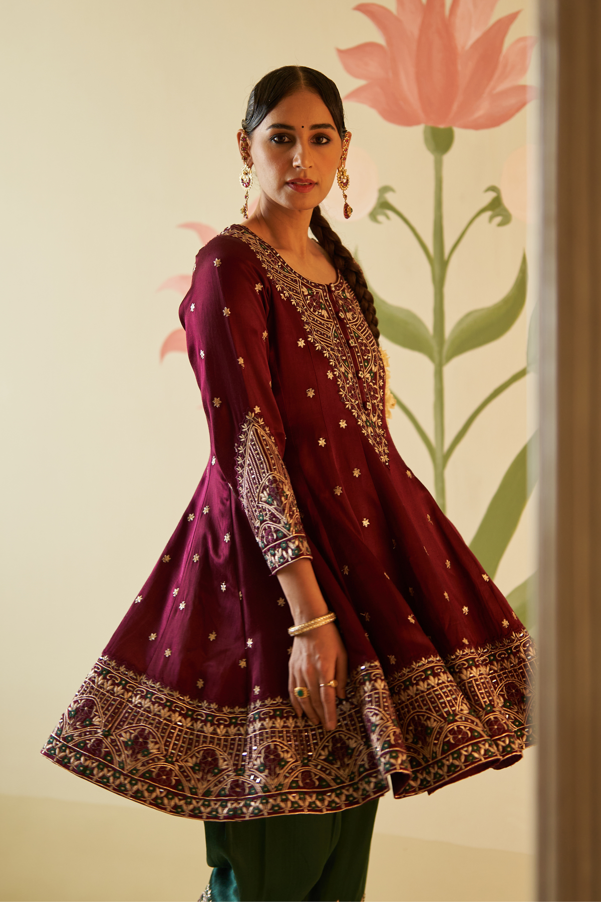 Wine Satin Silk Anarkali Set