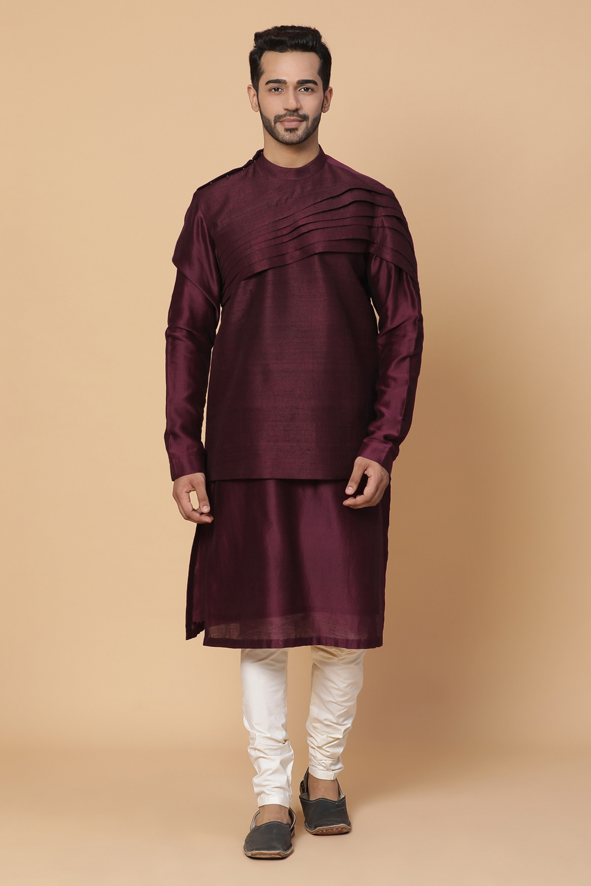 Maroon silk shoulder pleated kurta set