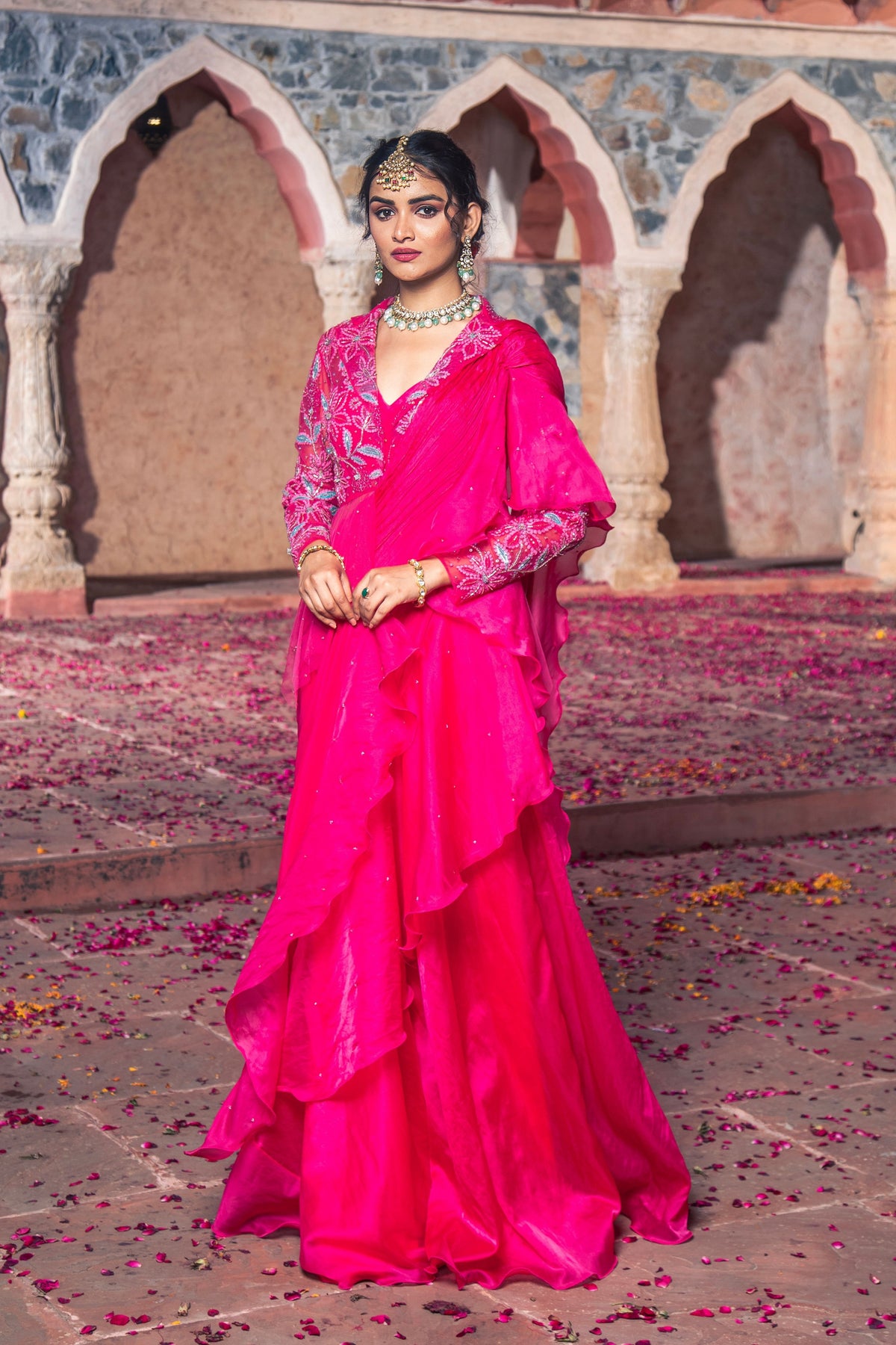 Hot Pink Embroidered Drape Saree Set