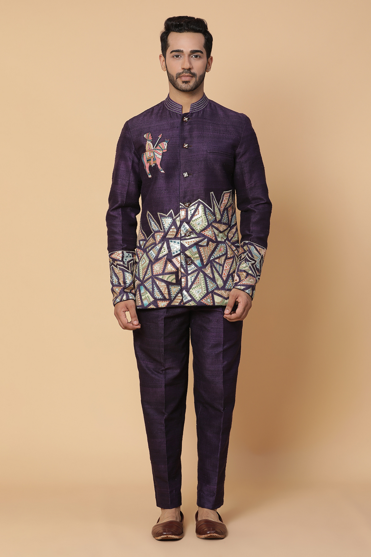 Purple embroidery bandhgala jacket set