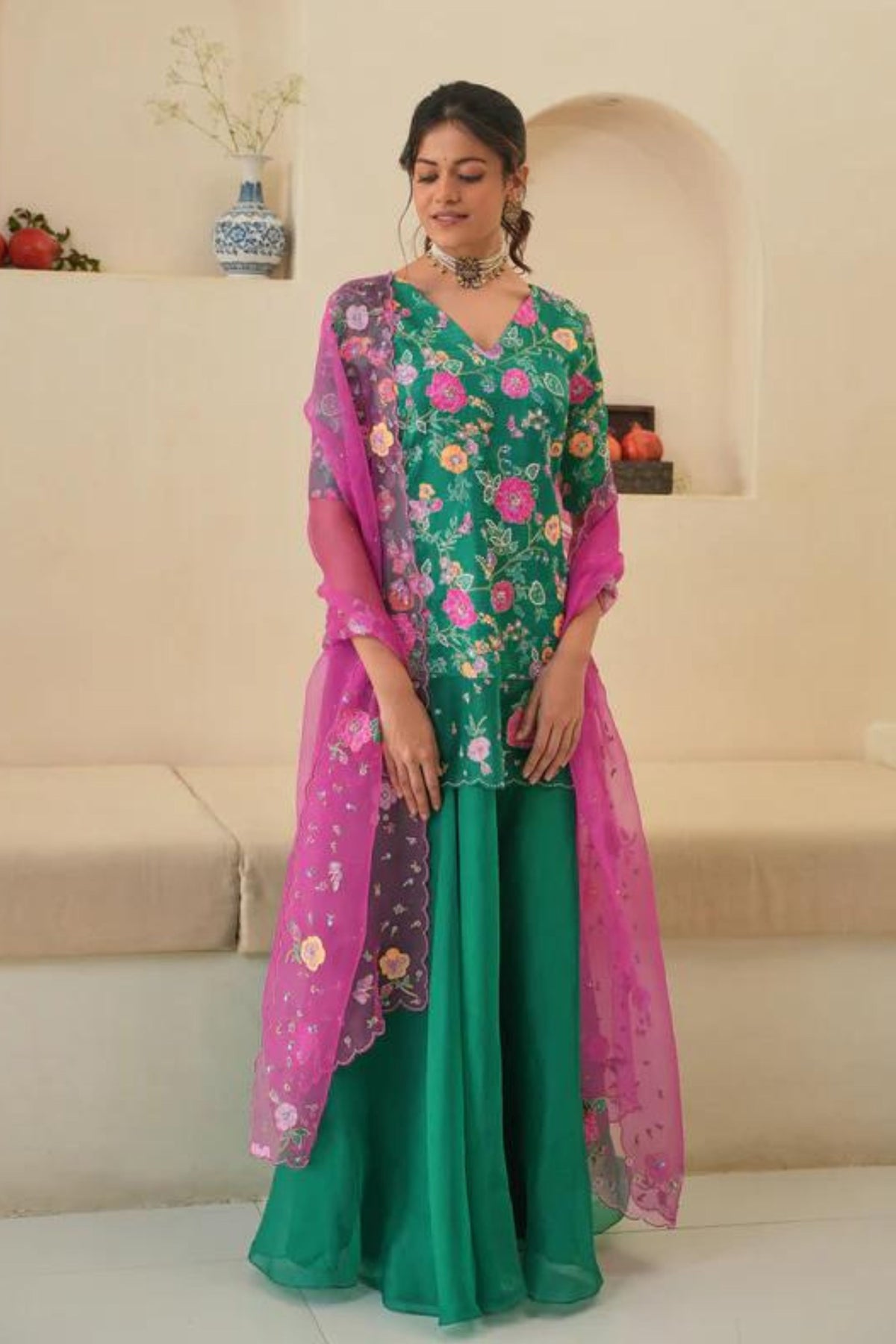 Seri Kurta Lehenga Set in Emerald Green With Dupatta