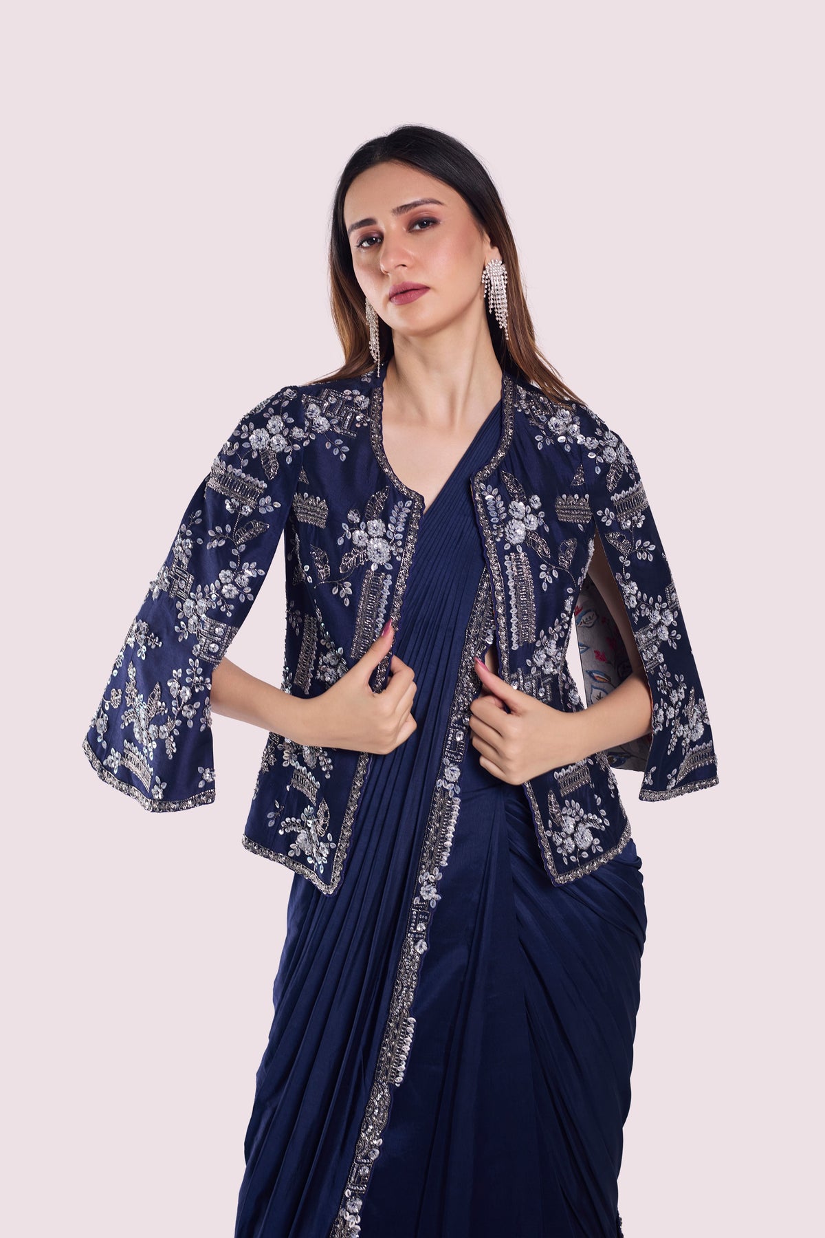 Navy Blue Drape Saree Set