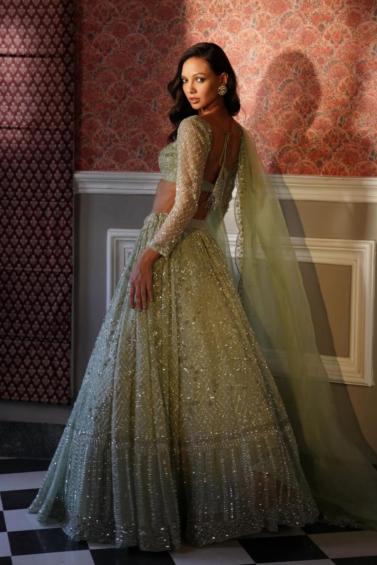 Green Organza Lehenga Set