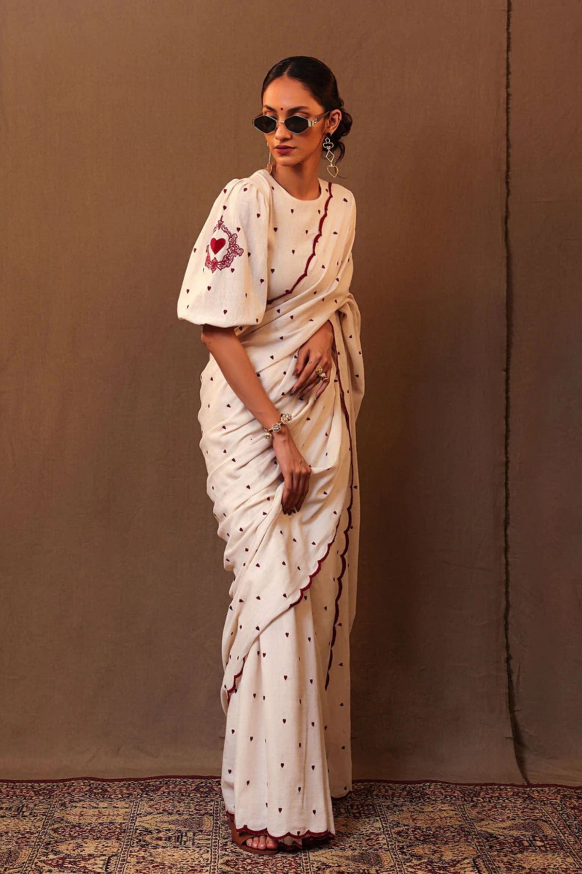 Off White Heart Embroidered Saree