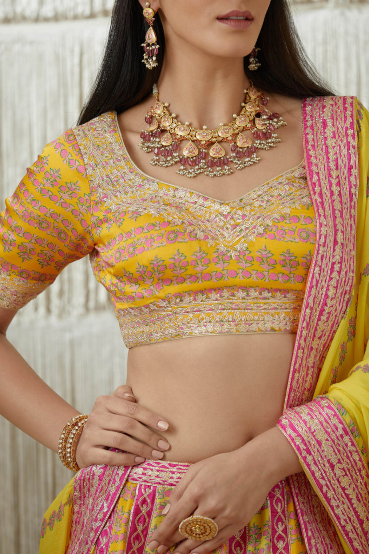 Mustard Gota embroidered printed lehenga