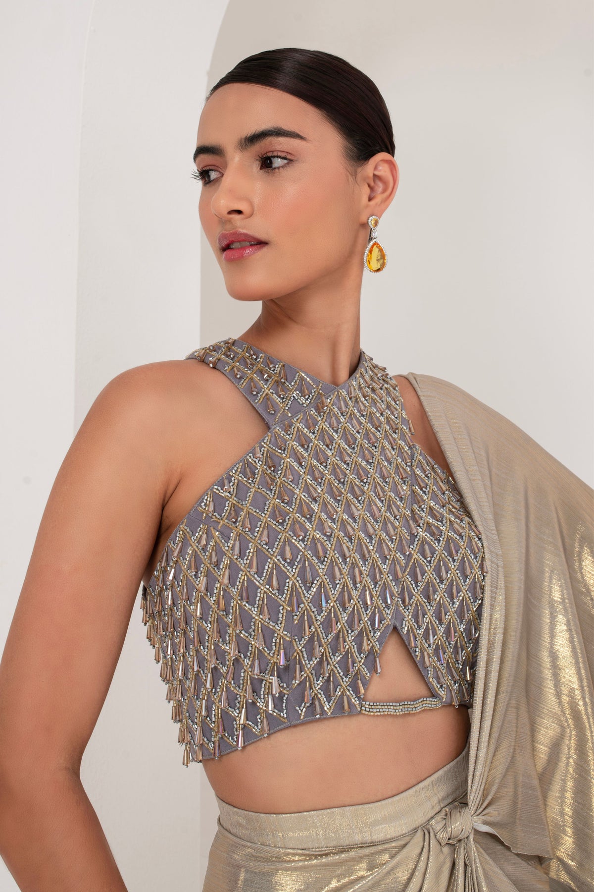 Grey Crystal Saree Set