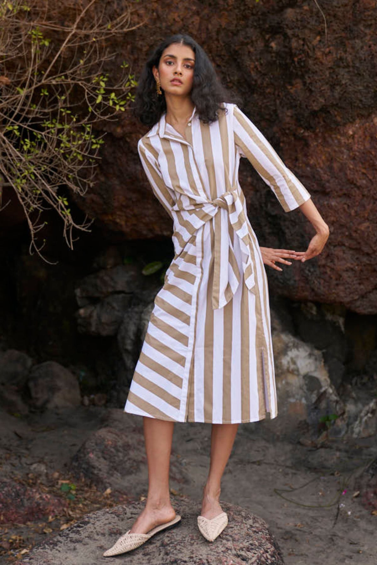 Side Tie Striped Shirt Dress