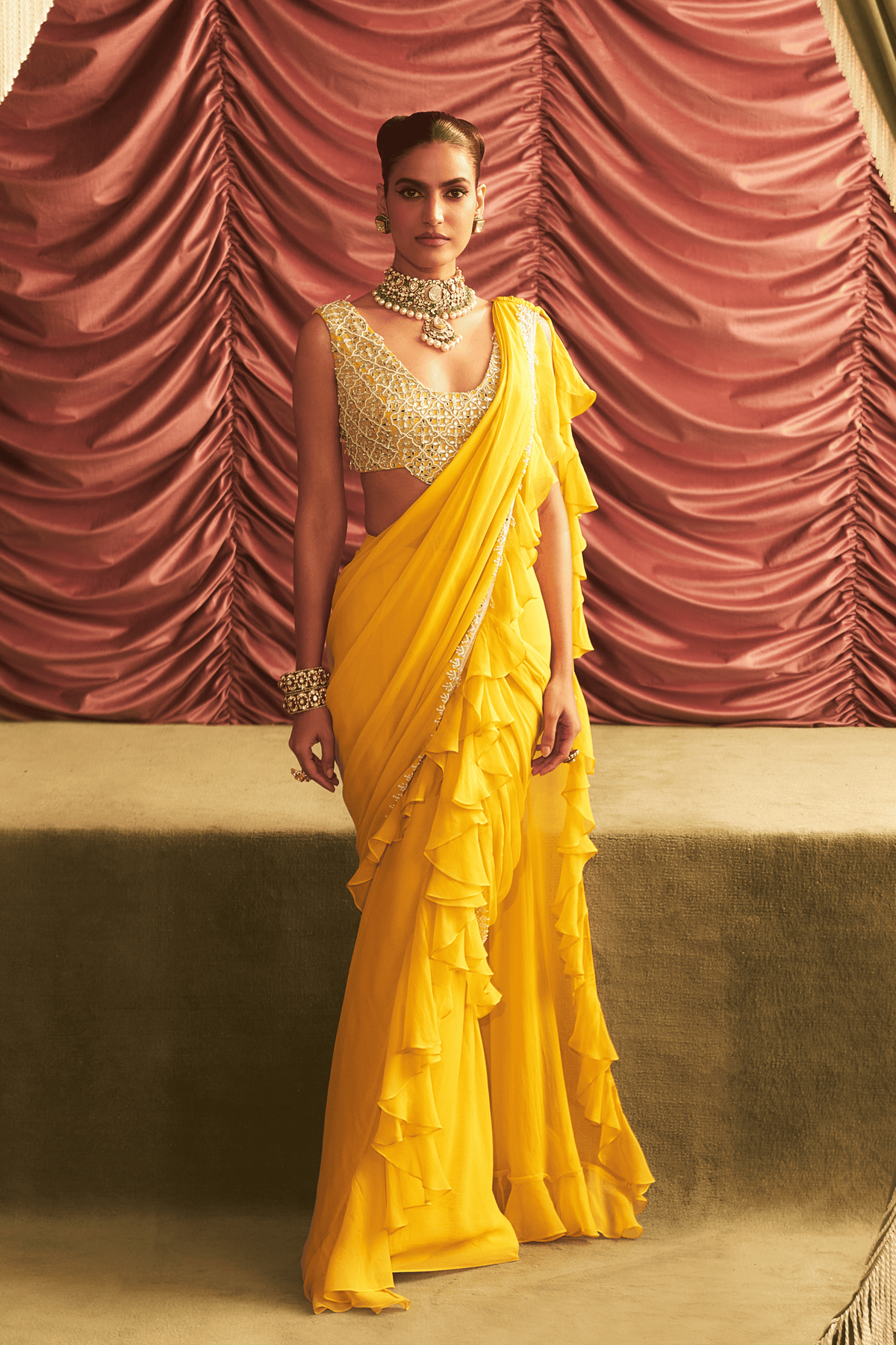 Yellow Ruffle Drape Saree Set