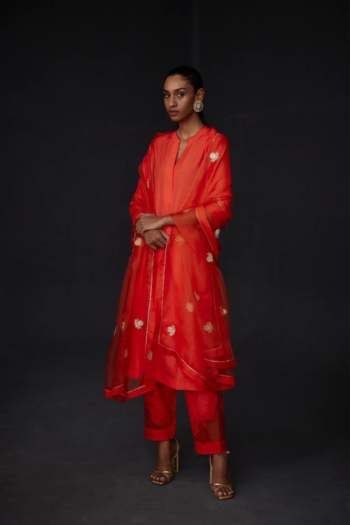 Scarlet Red Embroidered Tunic &amp; Trouser Set