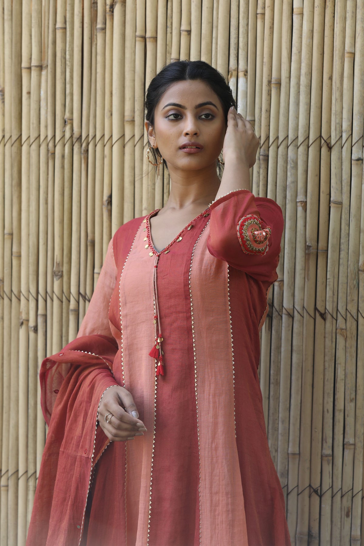 Red And Peach Kurta Set