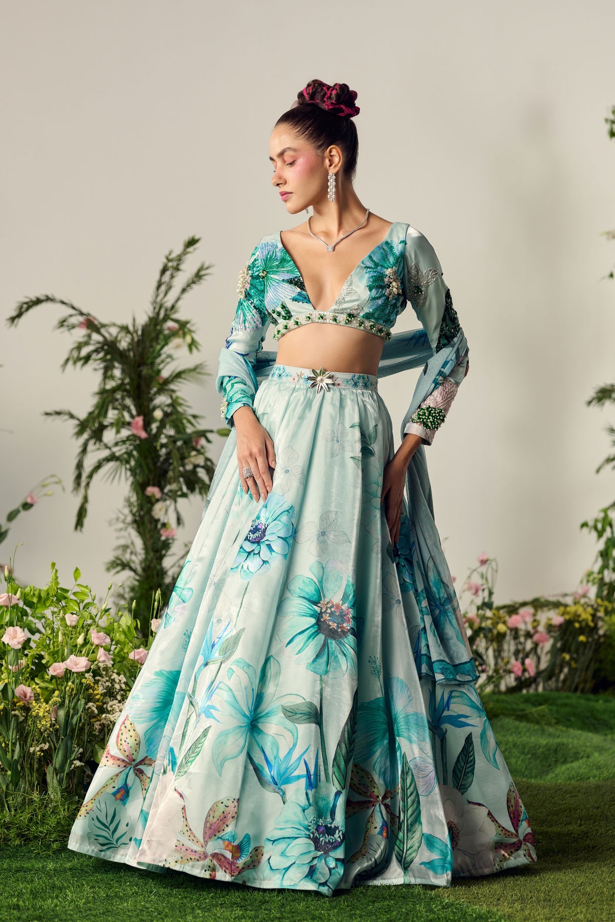 Blue Floral Print Lehenga Set