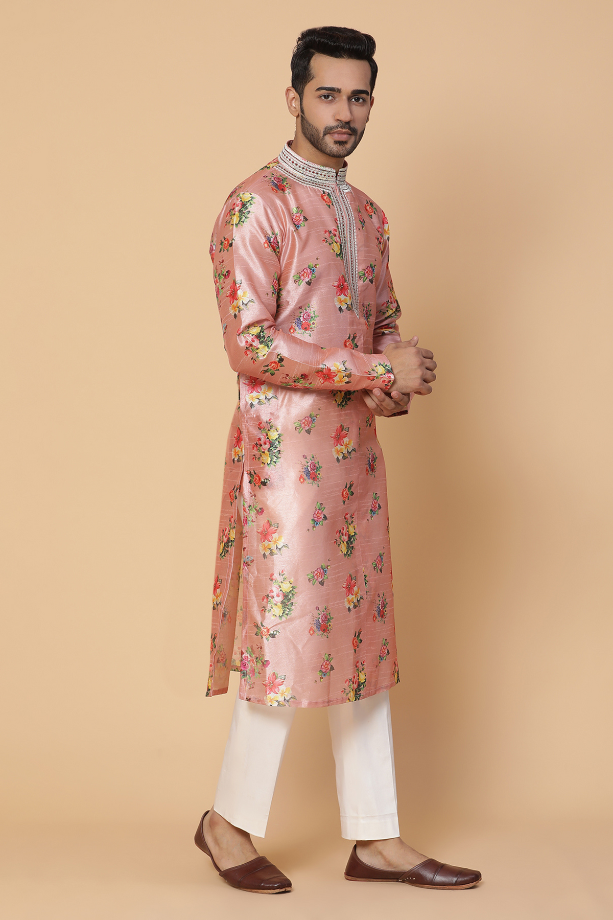 Pink floral silk kurta