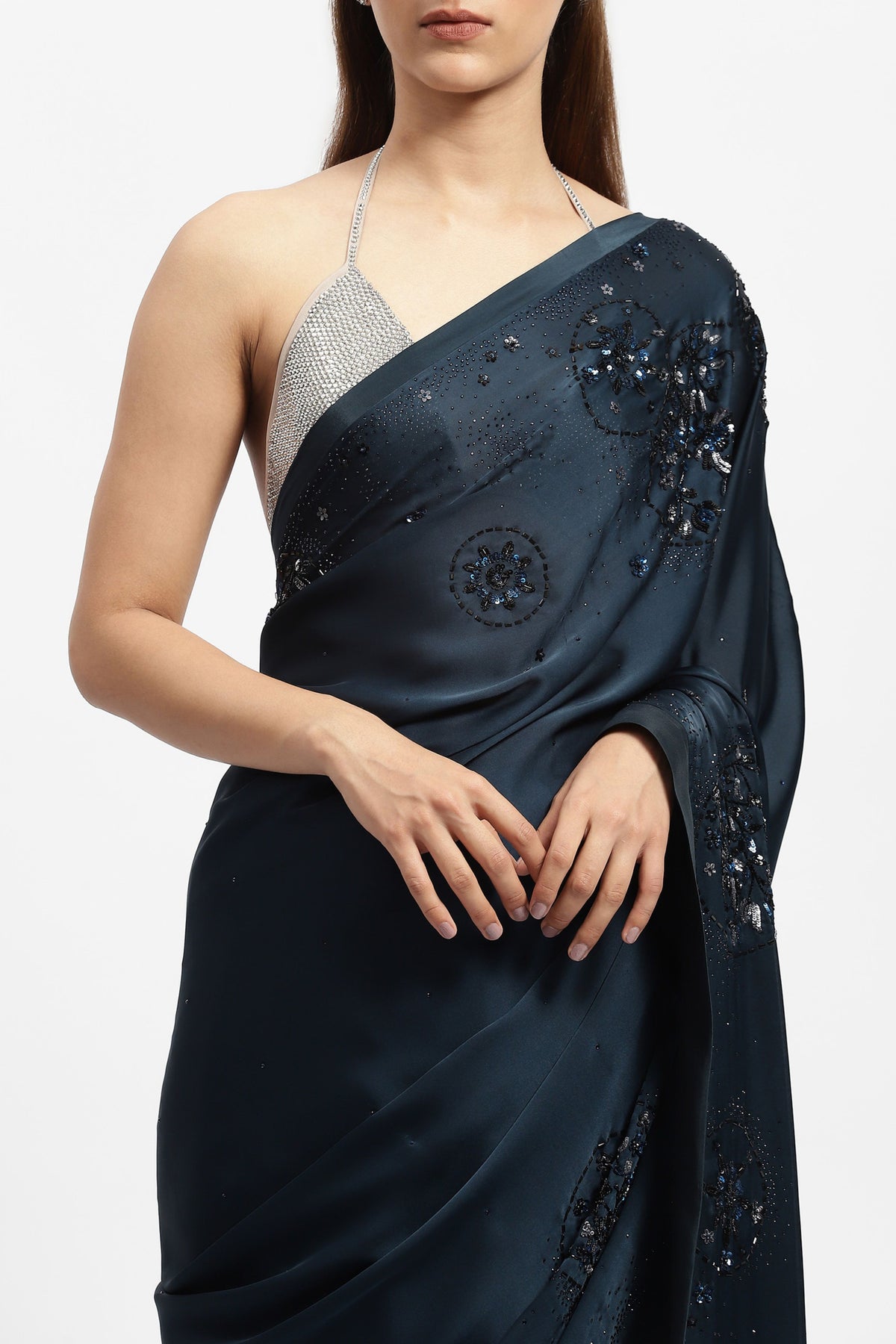 Black Teal Aid Embroidered Saree