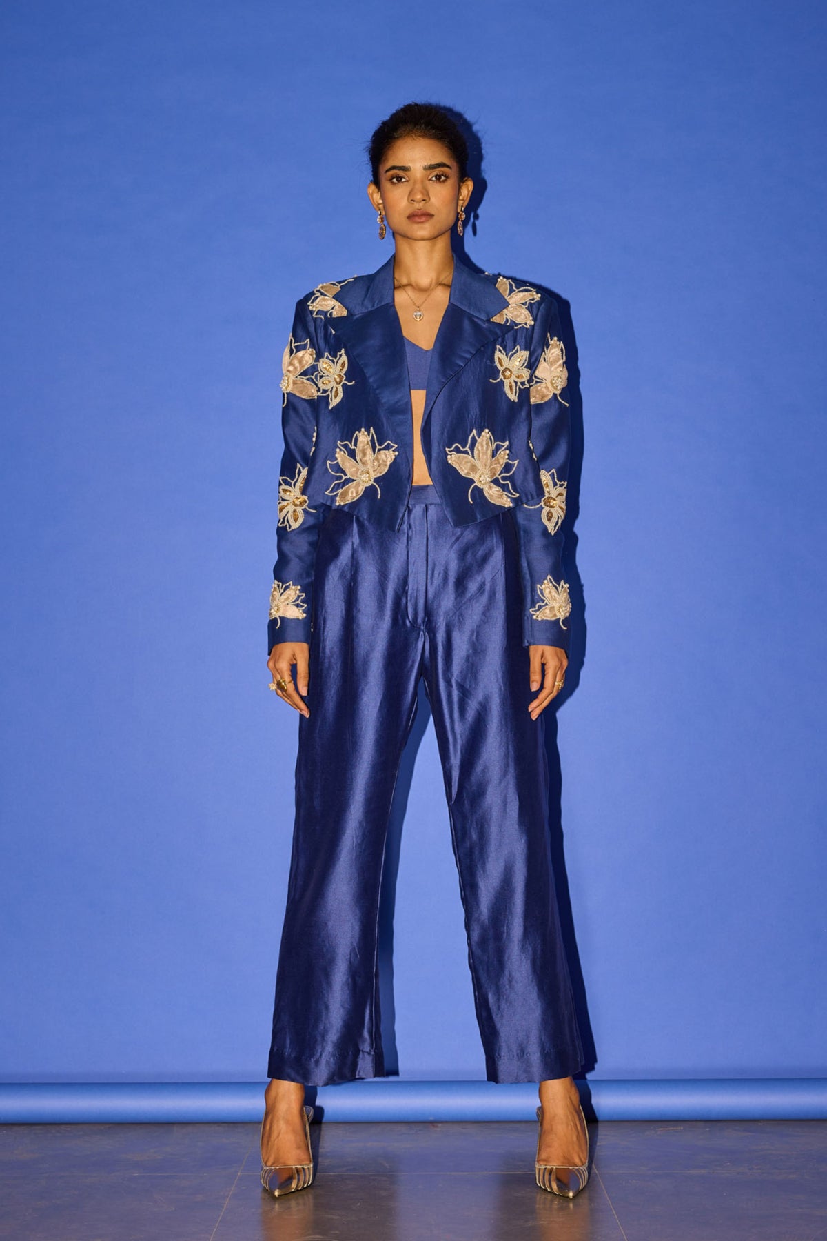 Blue Flower Embroidery Blazer Set