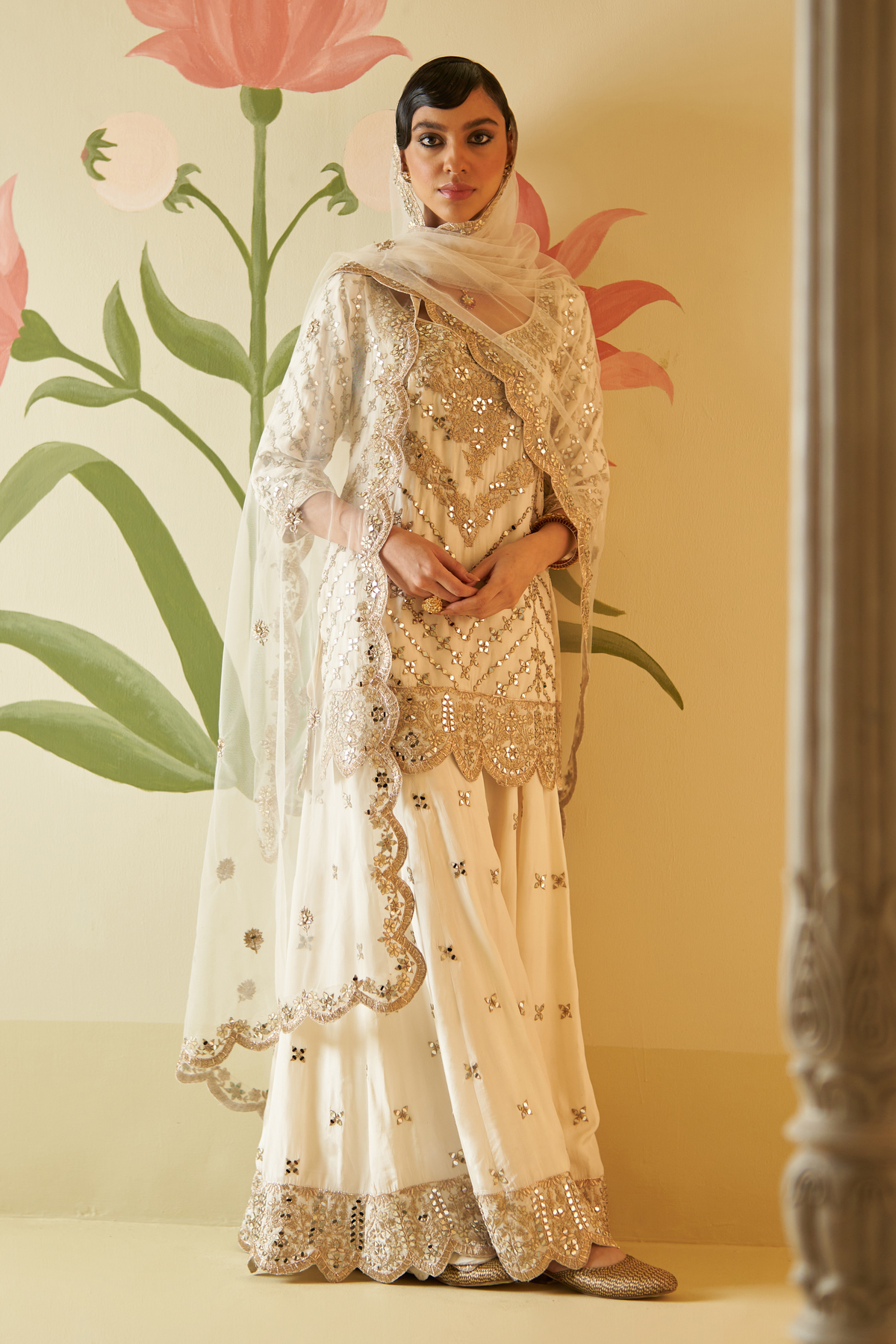 Ivory Mirrorwork Silk Sharara Set