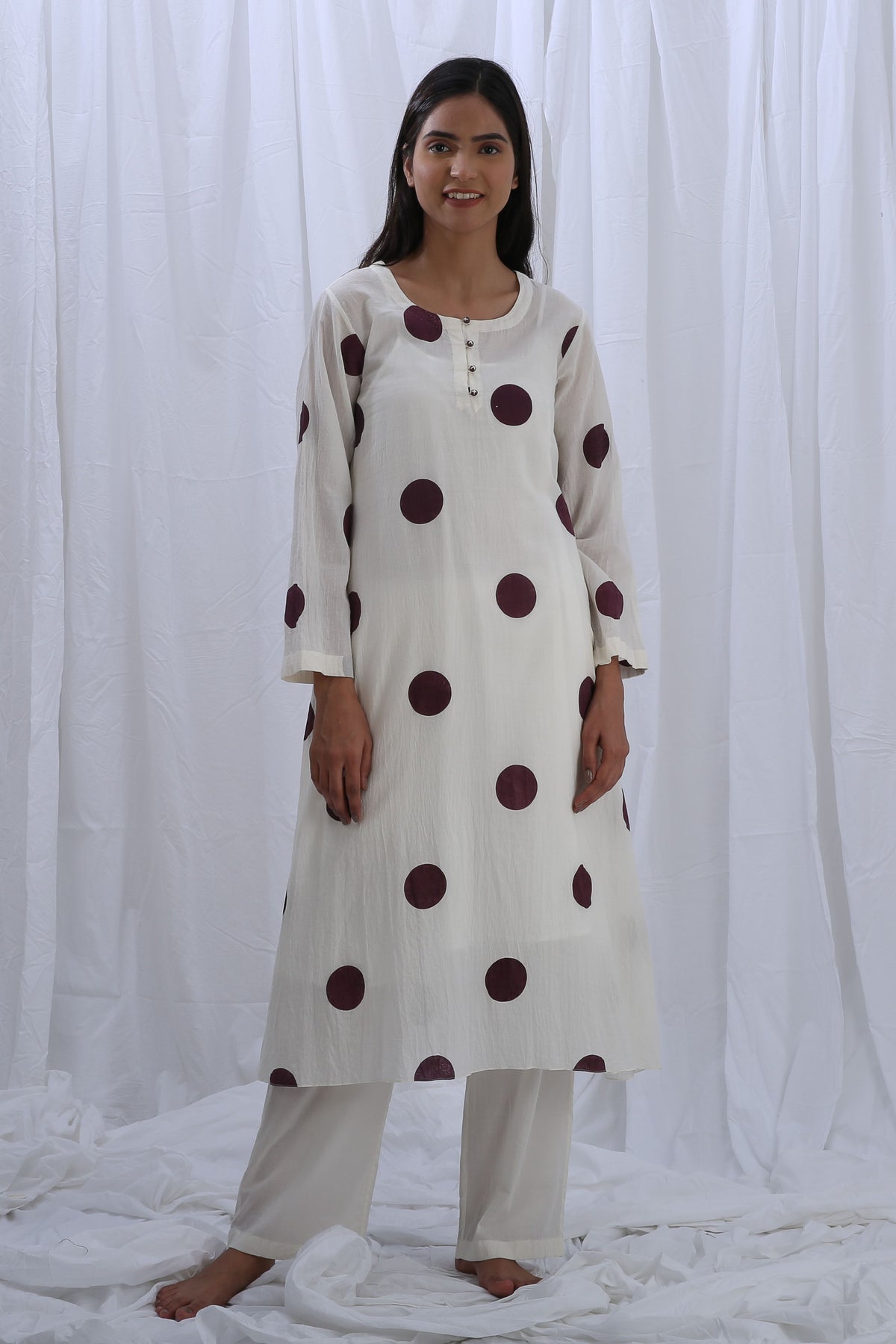 Berry Polka Round Neck Kurta Set