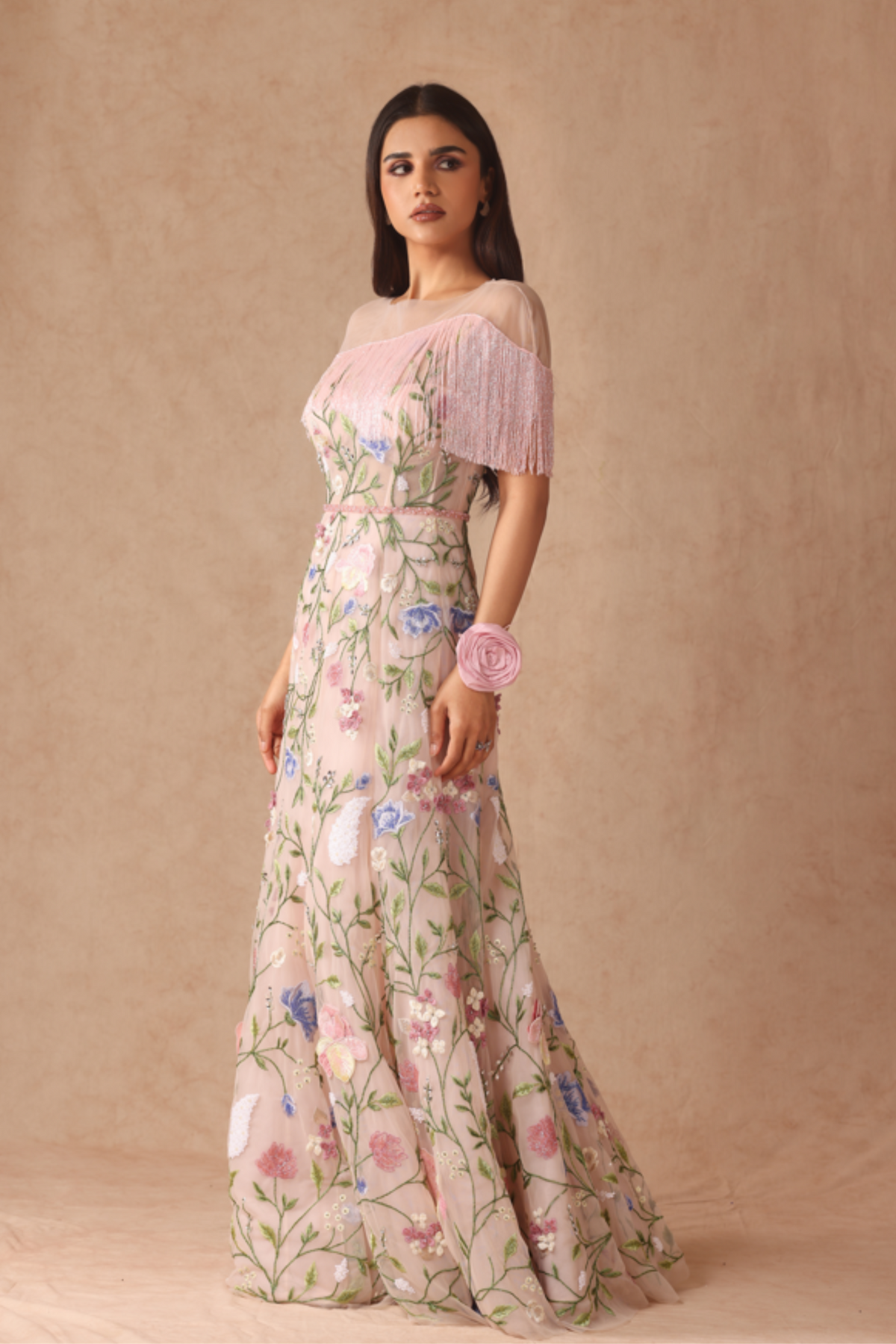 Floral Bridal Fringe Gown With Belt