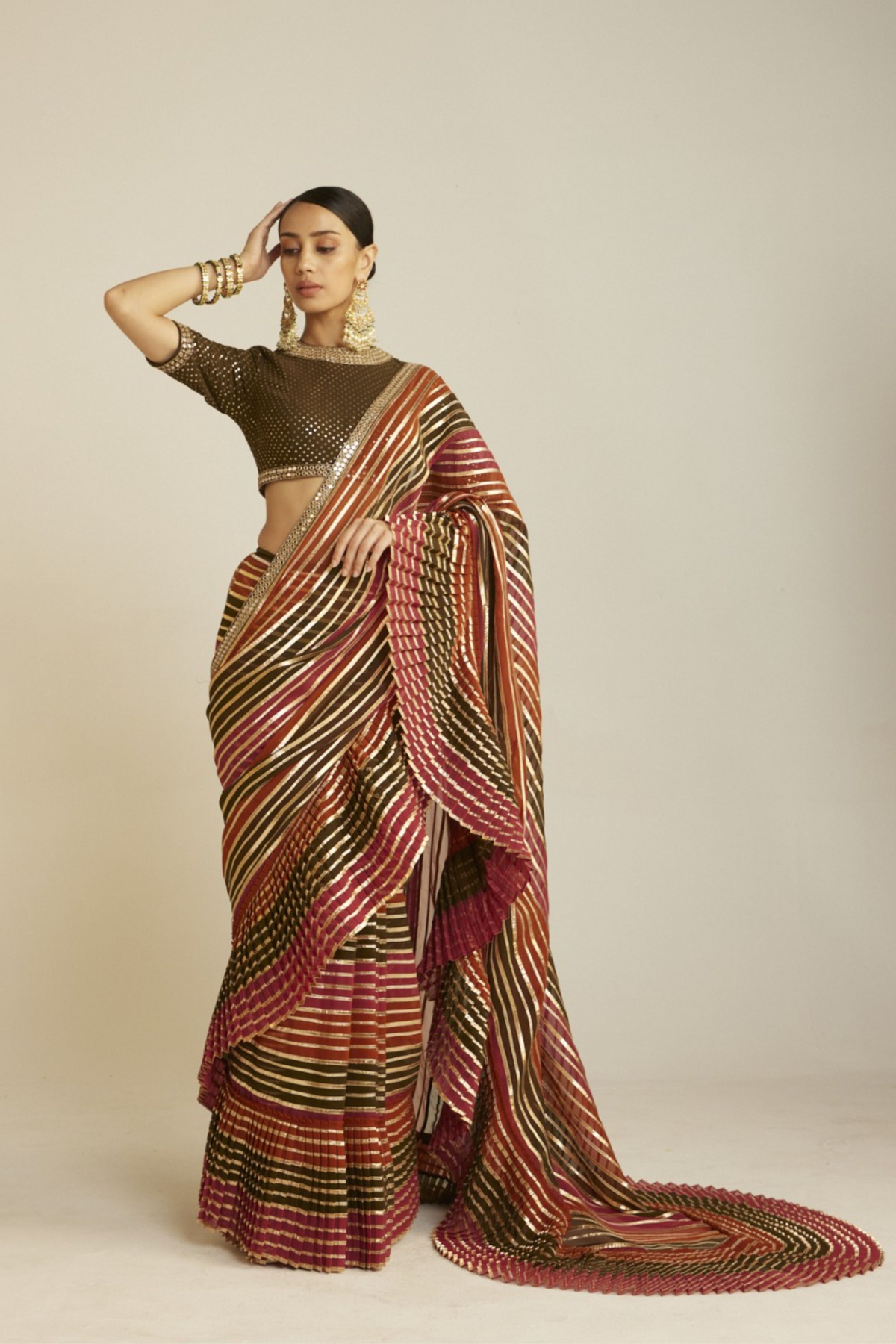 Draped Olive Green Multicolor Saree Set