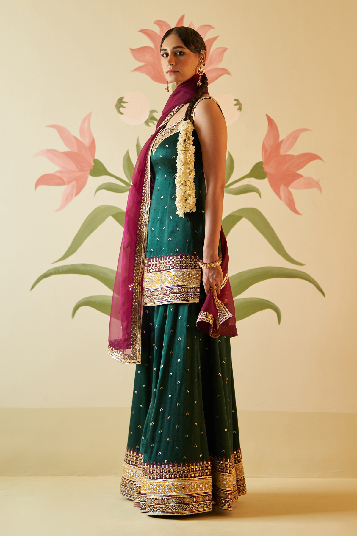 Green Satin Sharara Set