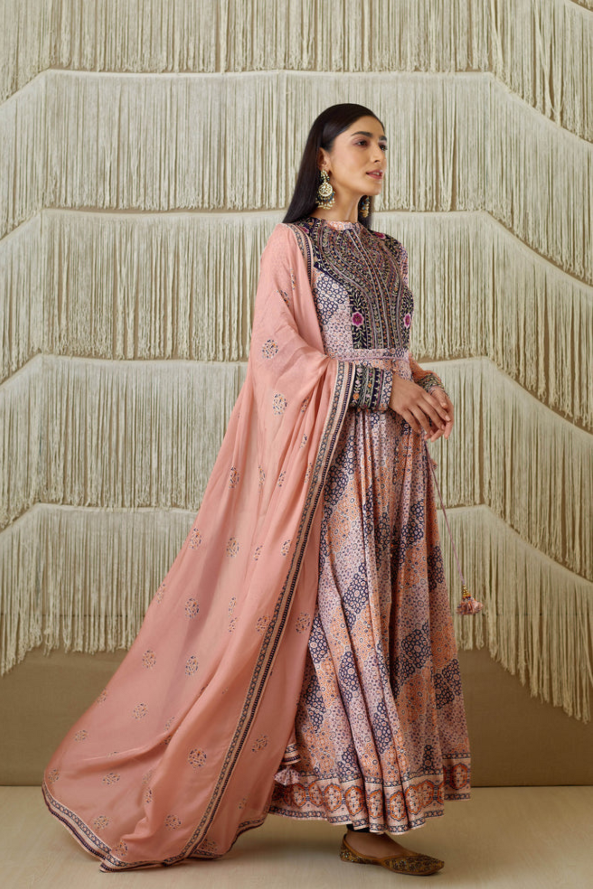 Pink and navy blue anarkali set