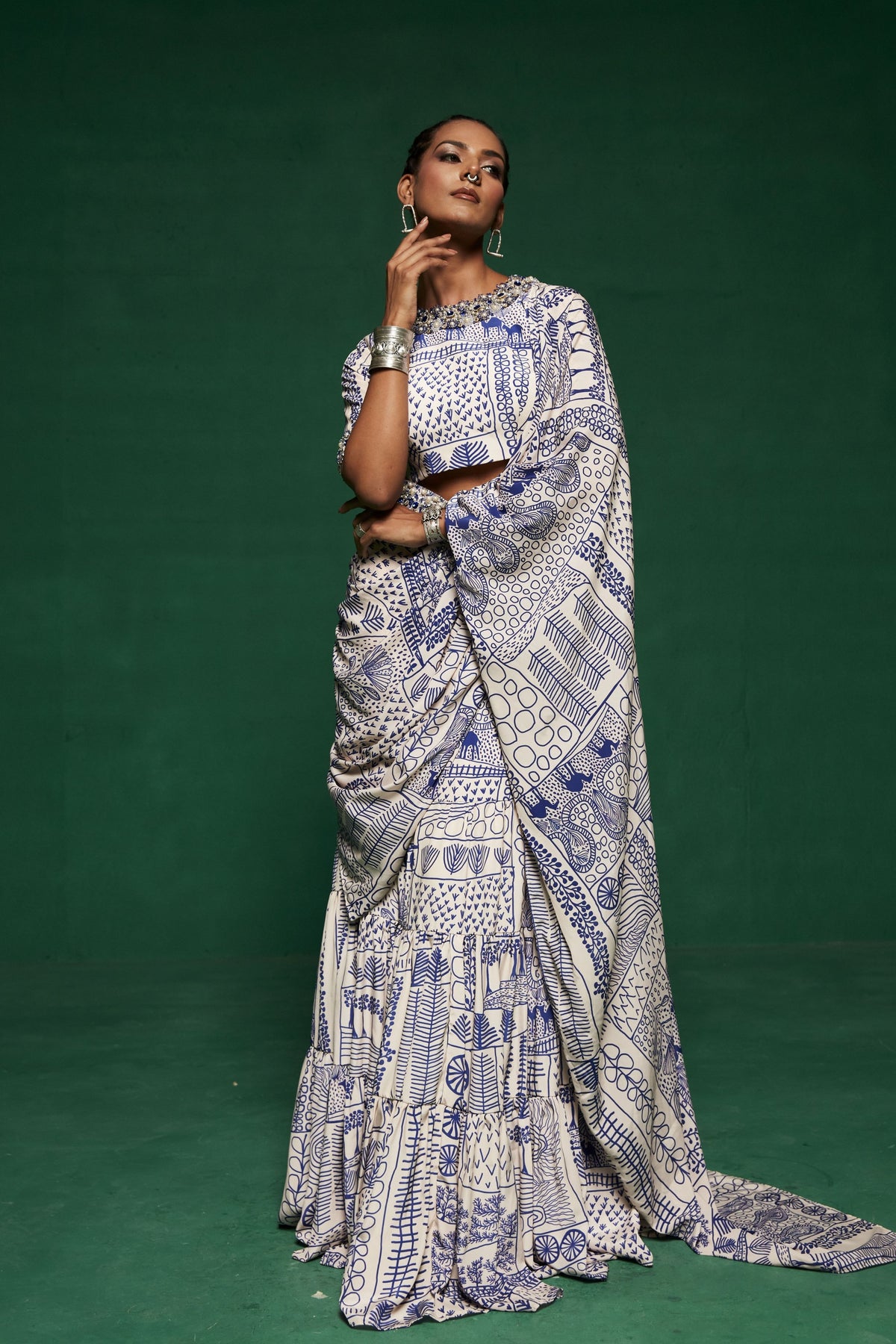 Blue Printed Pre Stitched Saree