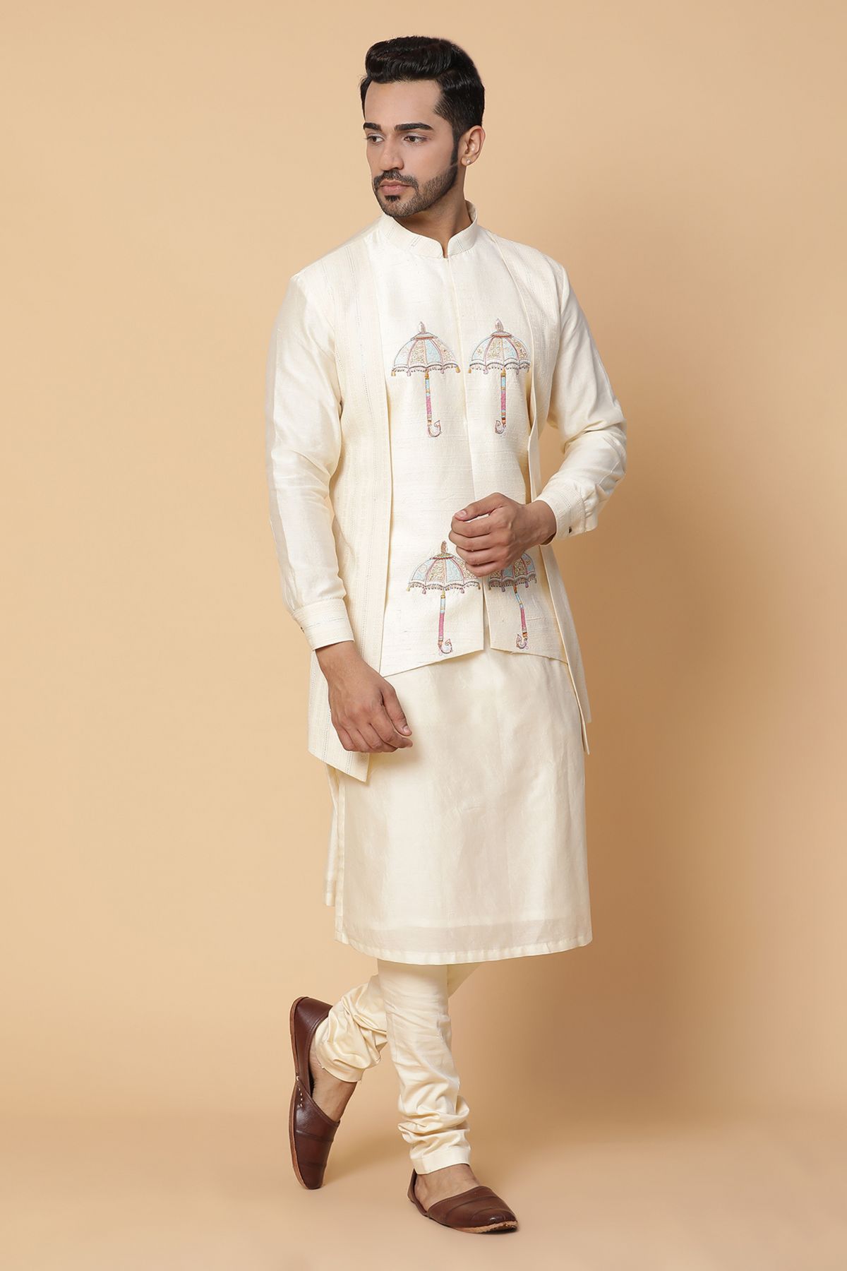 Off white umbrella kurta with churidar