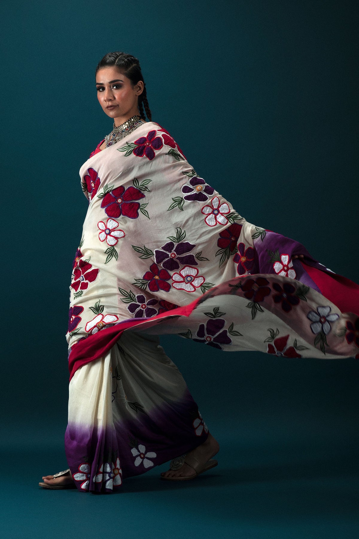 Off White Saree With Red Blouse