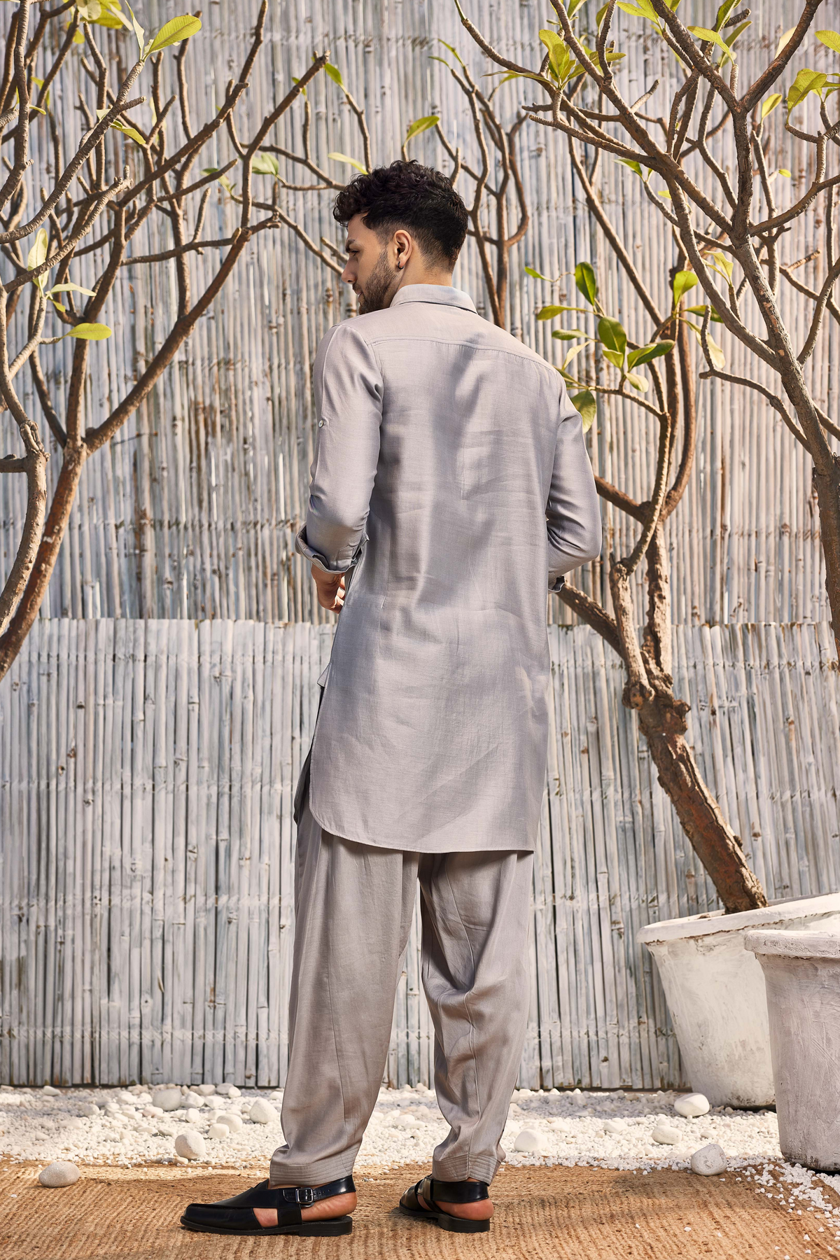 Chanderi Grey Pathani Kurta Set