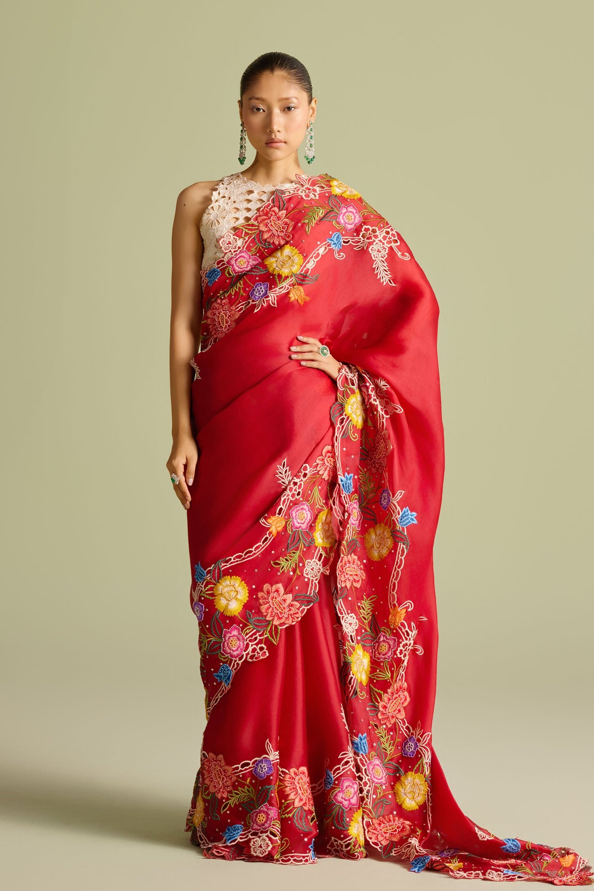 Red Floral Embroidered Saree